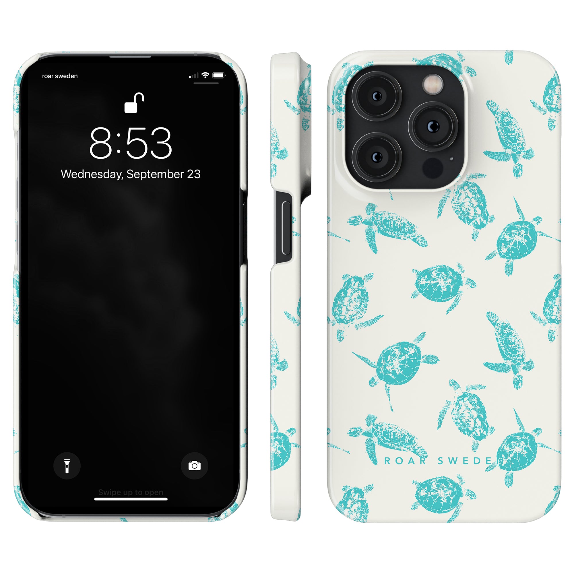 White smartphone with a Sea Turtles - Slim case displaying the lock screen with the time and date, alongside an organic skincare app.