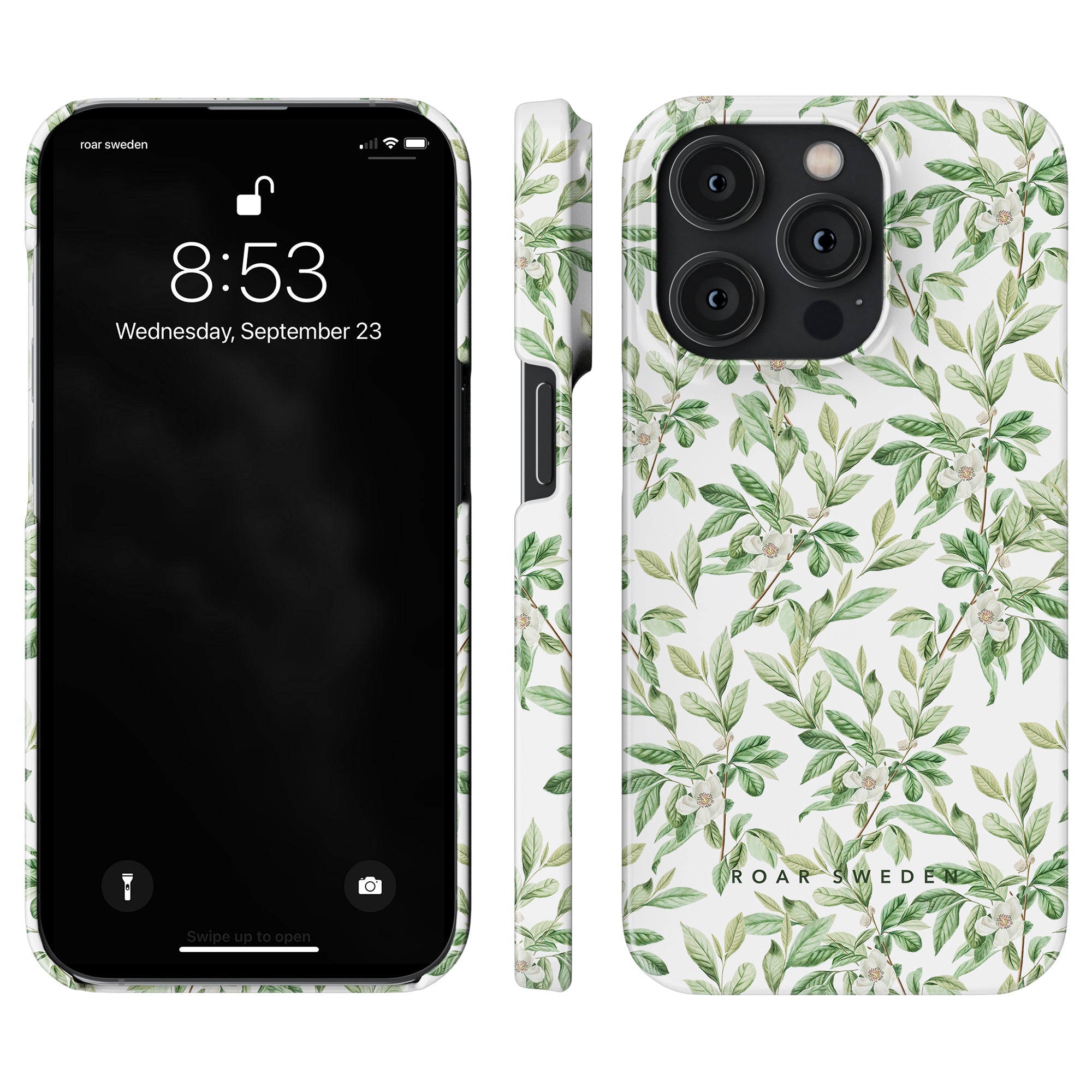 Spring Leaves - Slim case with a green and white botanical pattern, uniquely detailed in the SEO-optimized product description, displayed from the front, side, and back.