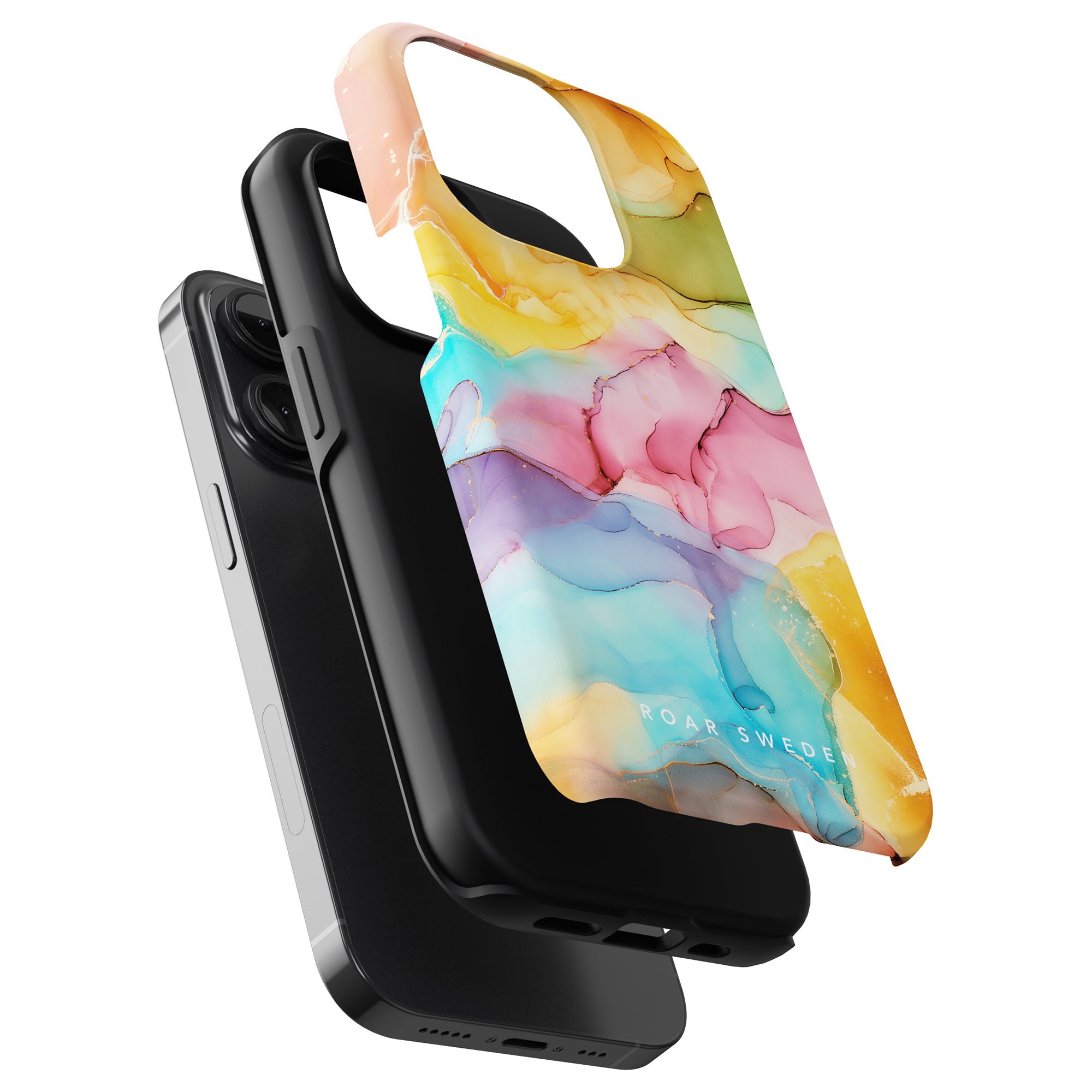 A black smartphone encased in a Summer Breeze tough case, attached to a strap against a white background.