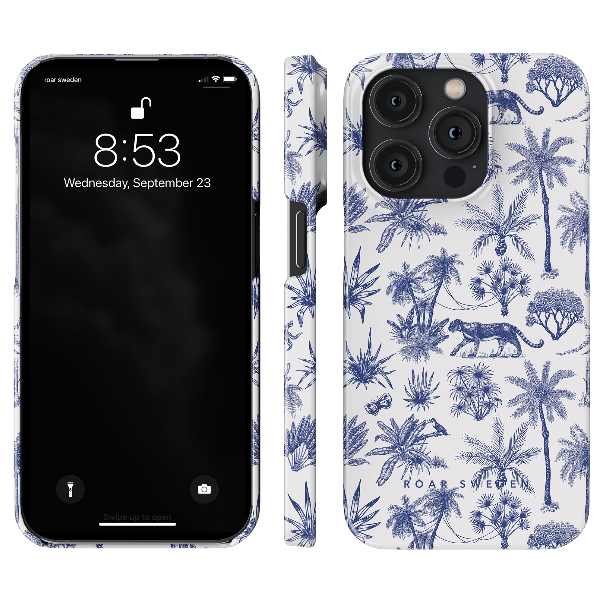 A waterproof smartphone with a black screen displaying the time and date, paired with a Toile De Jouy - Slim case featuring a blue and white tropical print design.