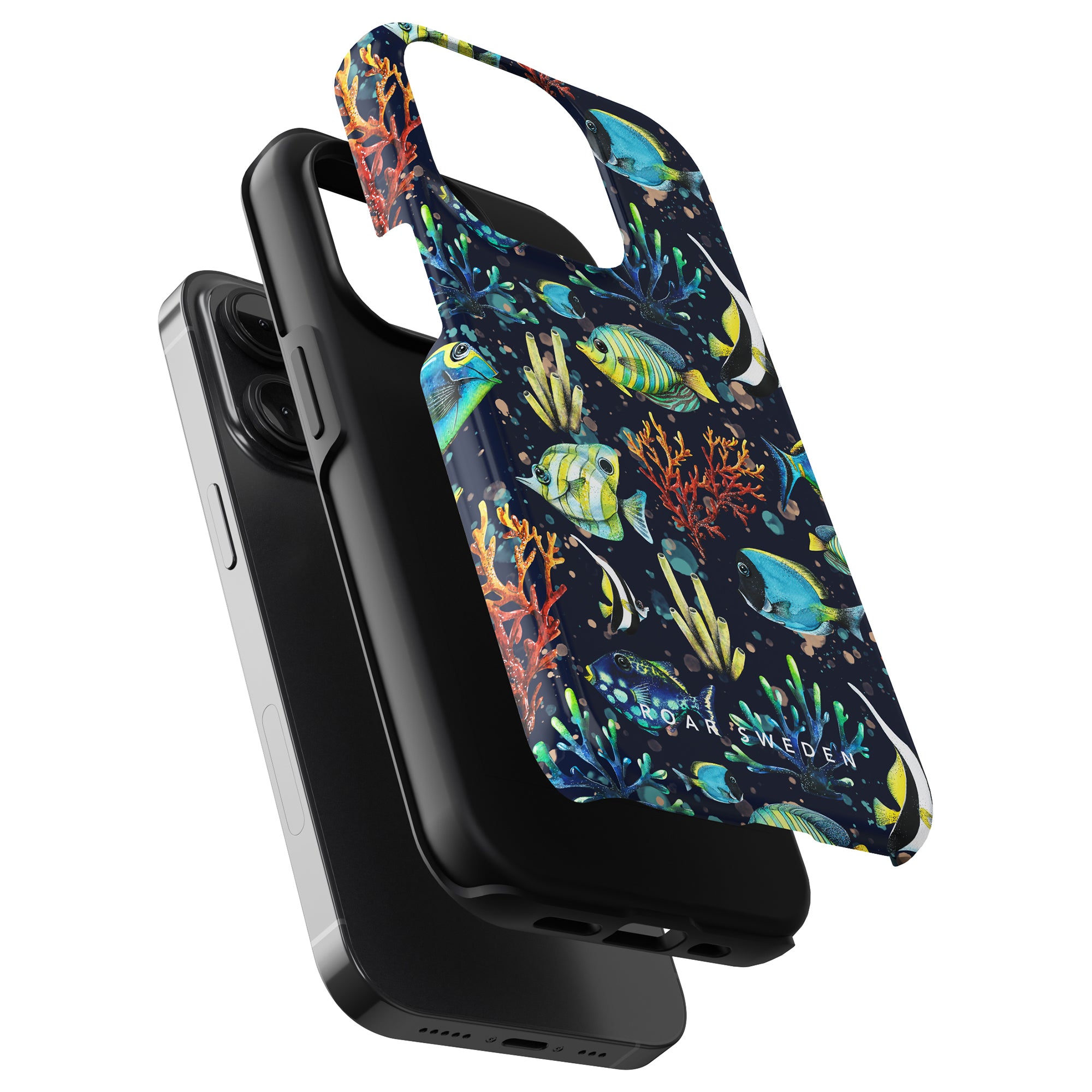 Smartphone with a colorful ocean-themed Tropical Fish - Tough Case on a wireless charging stand.