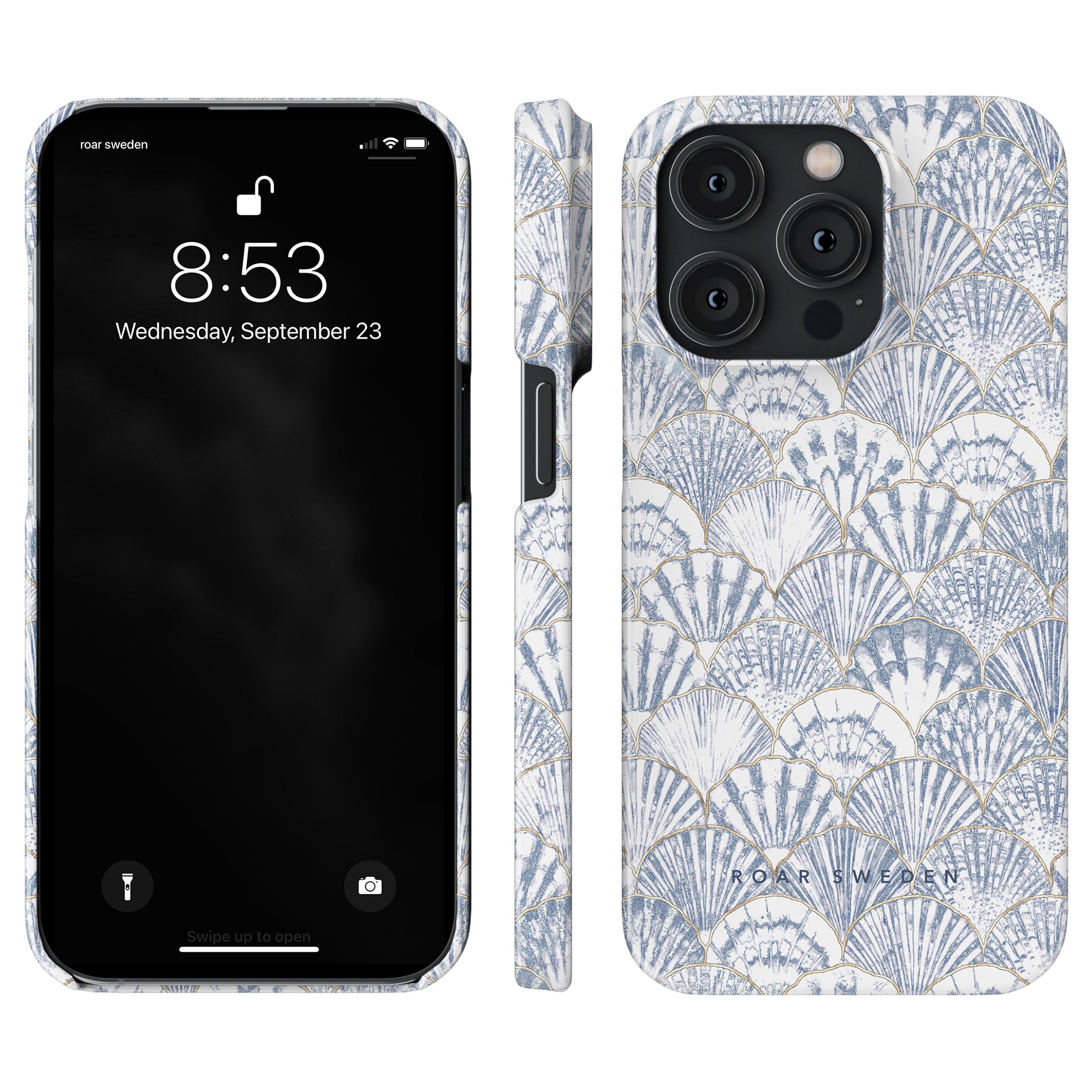 Front and side view of a smartphone with an ocean collection, floral-patterned Valencia Slim case.
