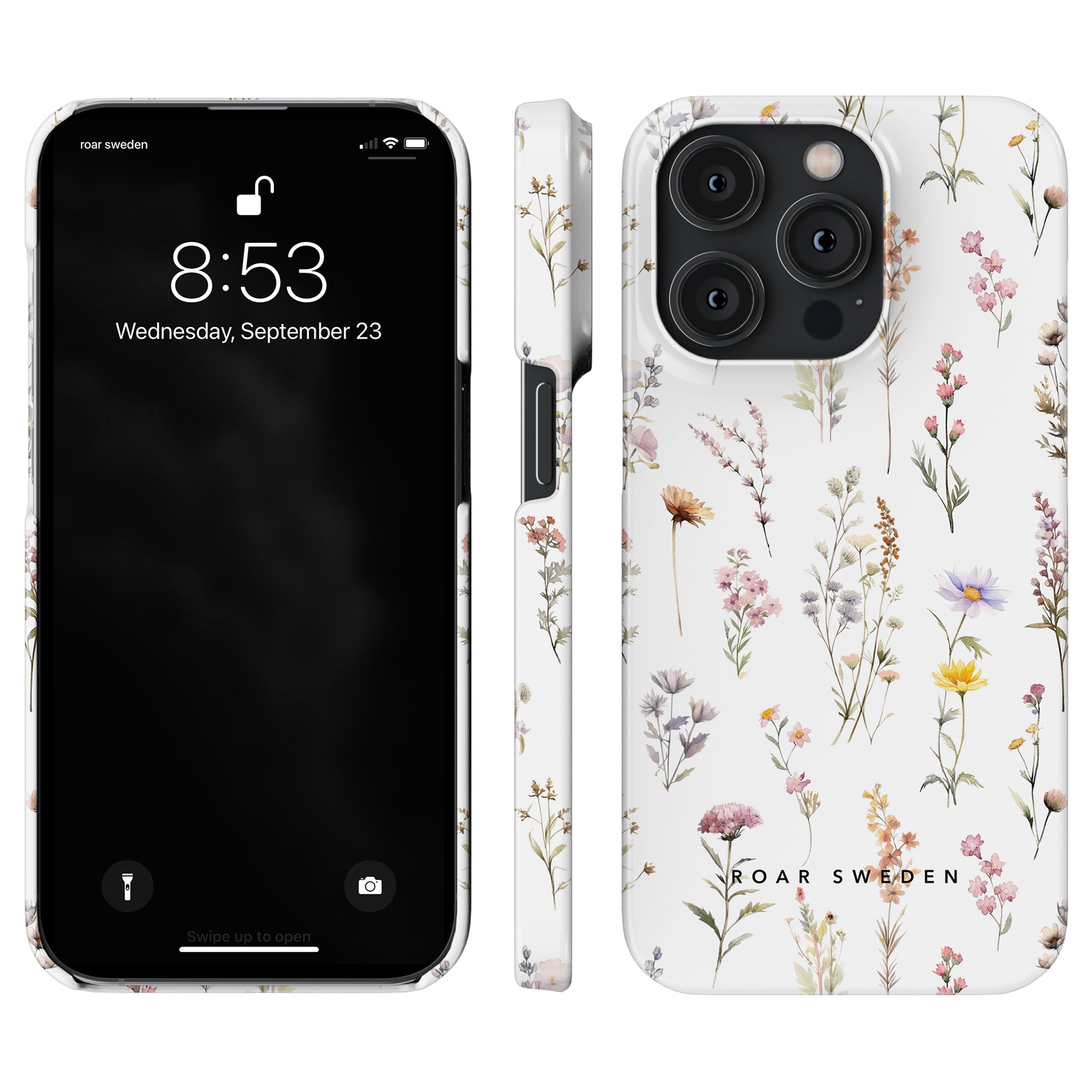 Black smartphone with a waterproof Wild Flowers - Slim case and matching phone grip.