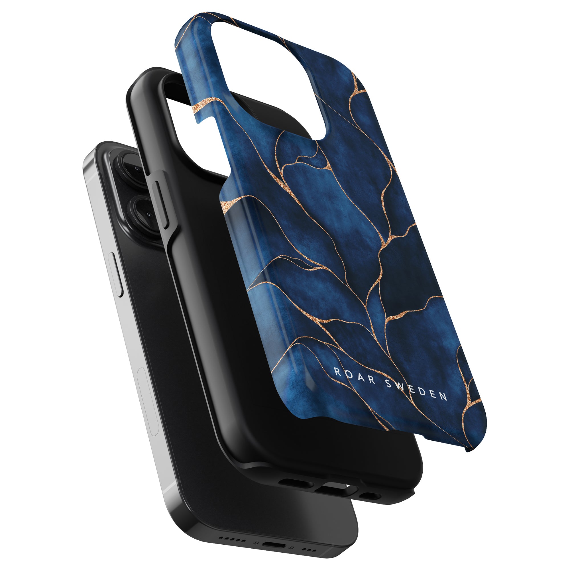A Yggdrasil - Tough Case in a black case next to a blue and gold patterned fabric phone pouch with the text "Yggdrasil Sweden.