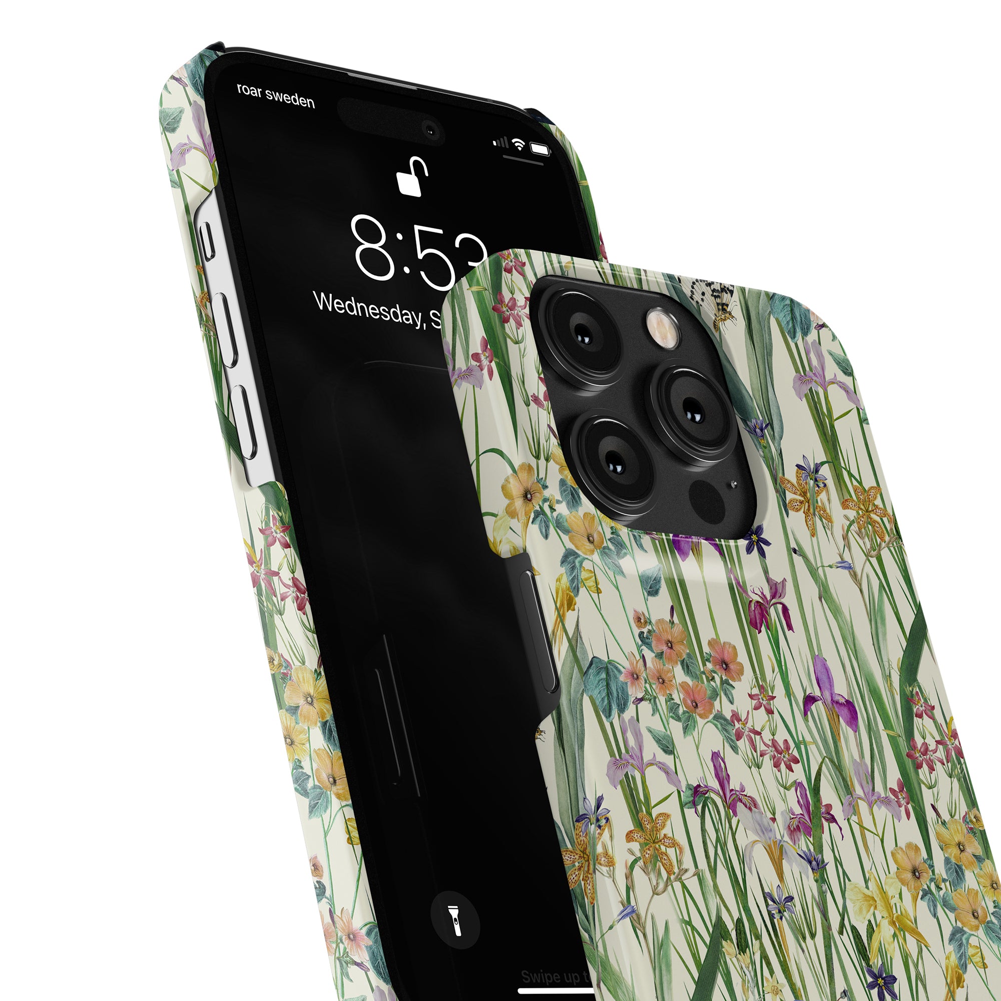 Sentence with product name: Black smartphone with a Blooming Meadow - Slim case displayed on a plain background, alongside an anti-aging moisturizer.