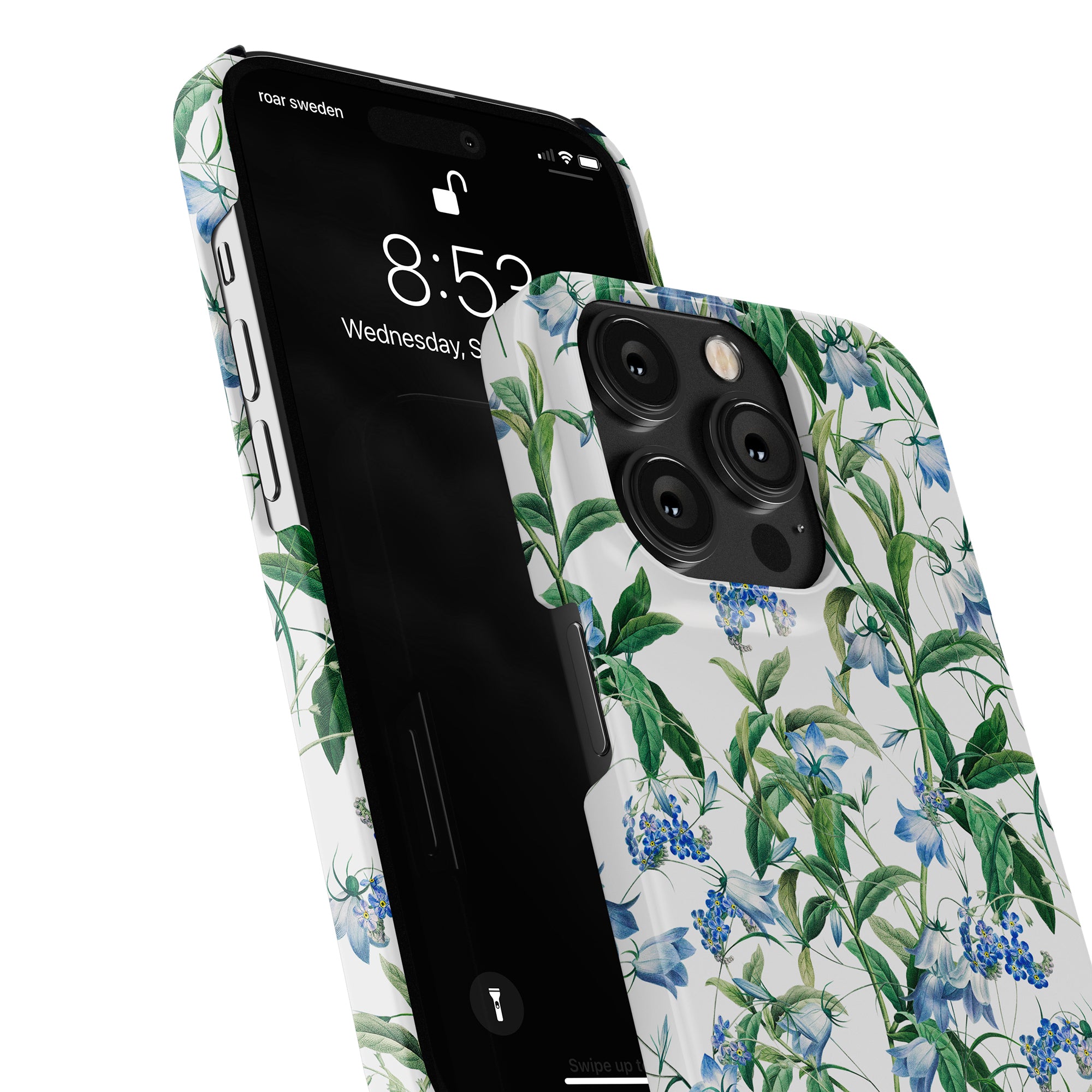 A smartphone with a Blue Bells - Slim case, featuring organic elements, is displayed from an angled perspective that shows both the front screen and rear camera design.