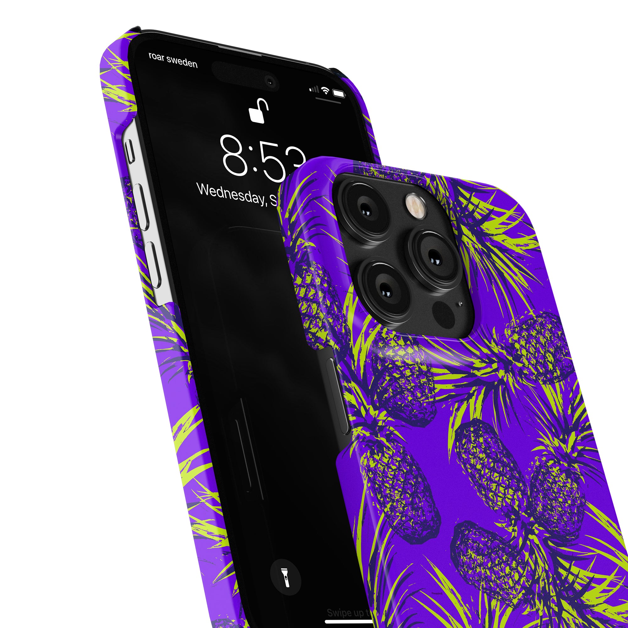Two smartphones with matching purple and yellow Comosus - Slim cases displaying the time on their screens, perfect for enhancing your product description with SEO-friendly keywords.