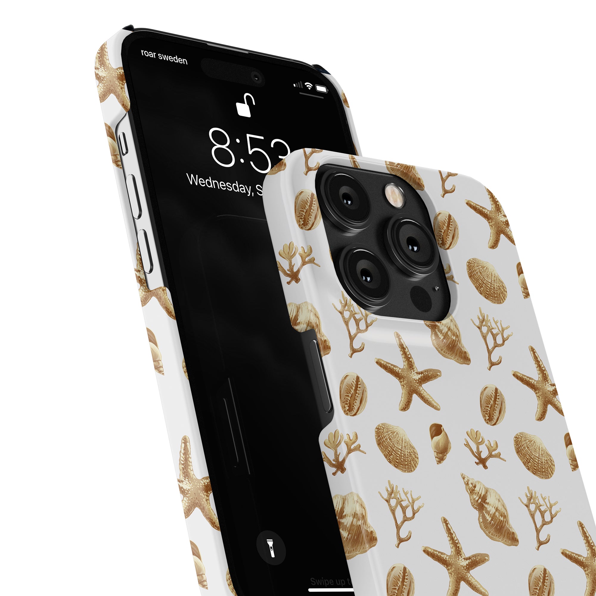 A smartphone with a Golden Shells - Slim case from the ocean collection, showing the lock screen time and date.