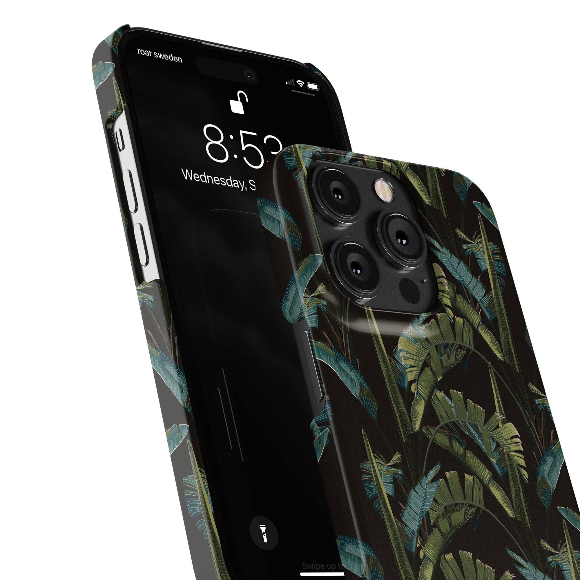 Modern smartphone with a Mystic Jungle - Slim case viewed from an angle showcasing its screen and rear camera setup.
