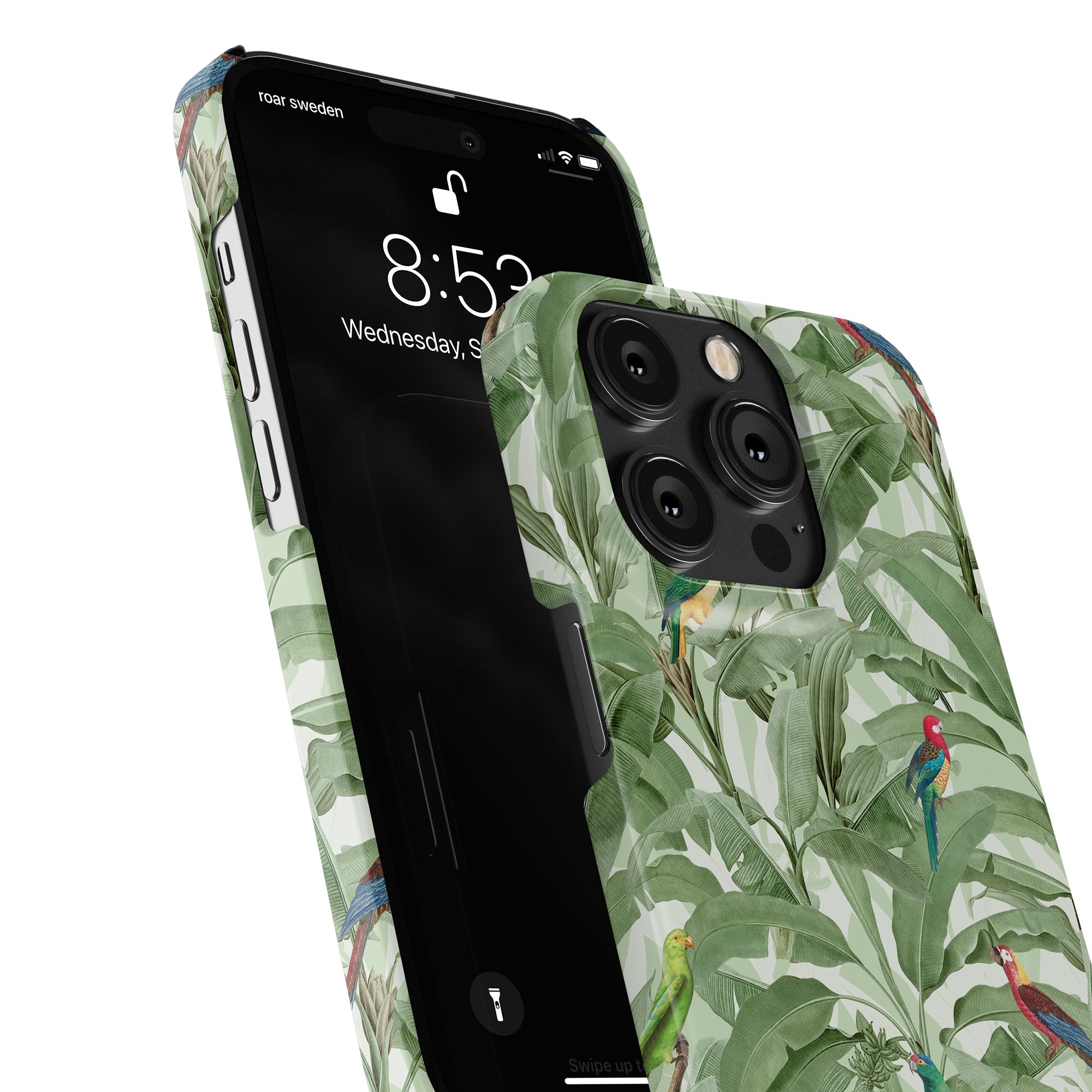Parrot Paradise - Slim case with a tropical bird-themed design, showcasing its vibrant display and rear camera, viewed at an angle perfect for SEO-optimized product descriptions.