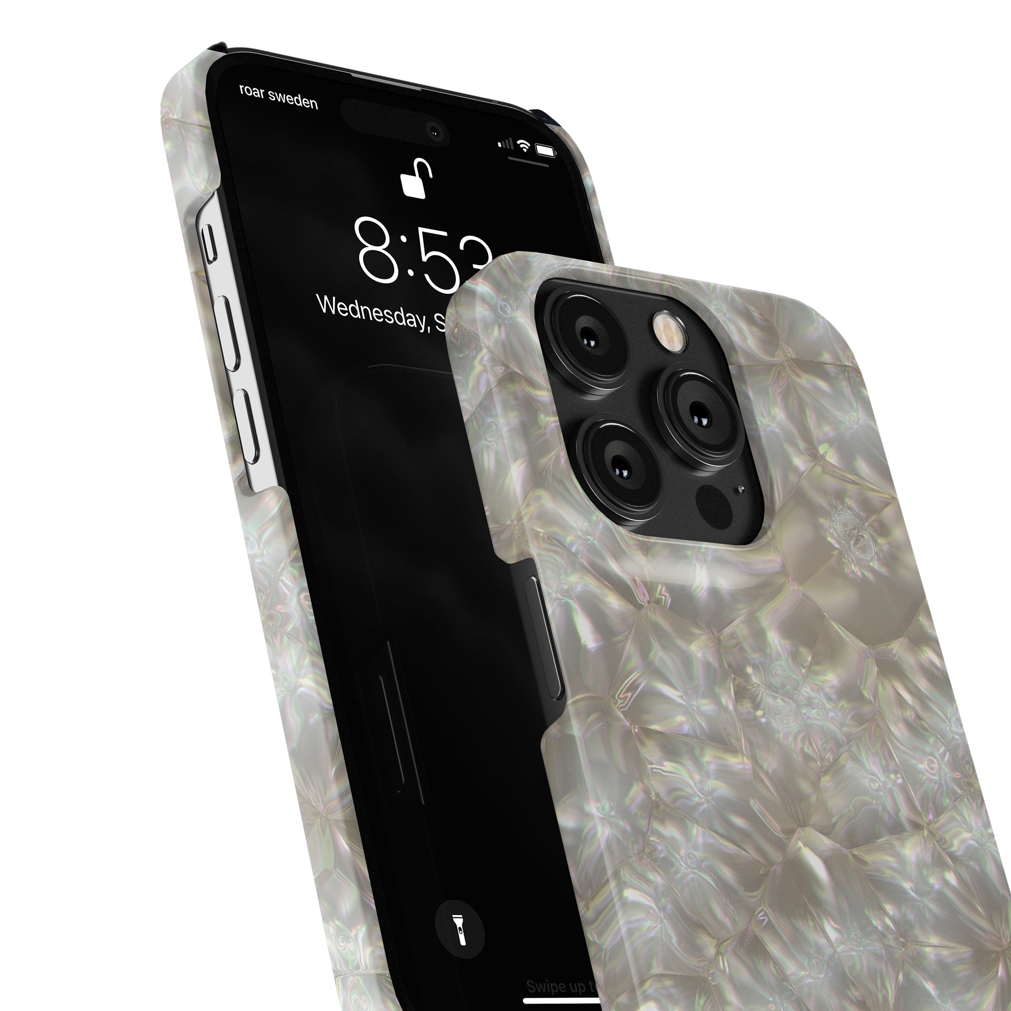 Two smartphones, one in a Pearls - Slim case from the Oyster Collection, showing camera details and a visible lock screen with time and date.