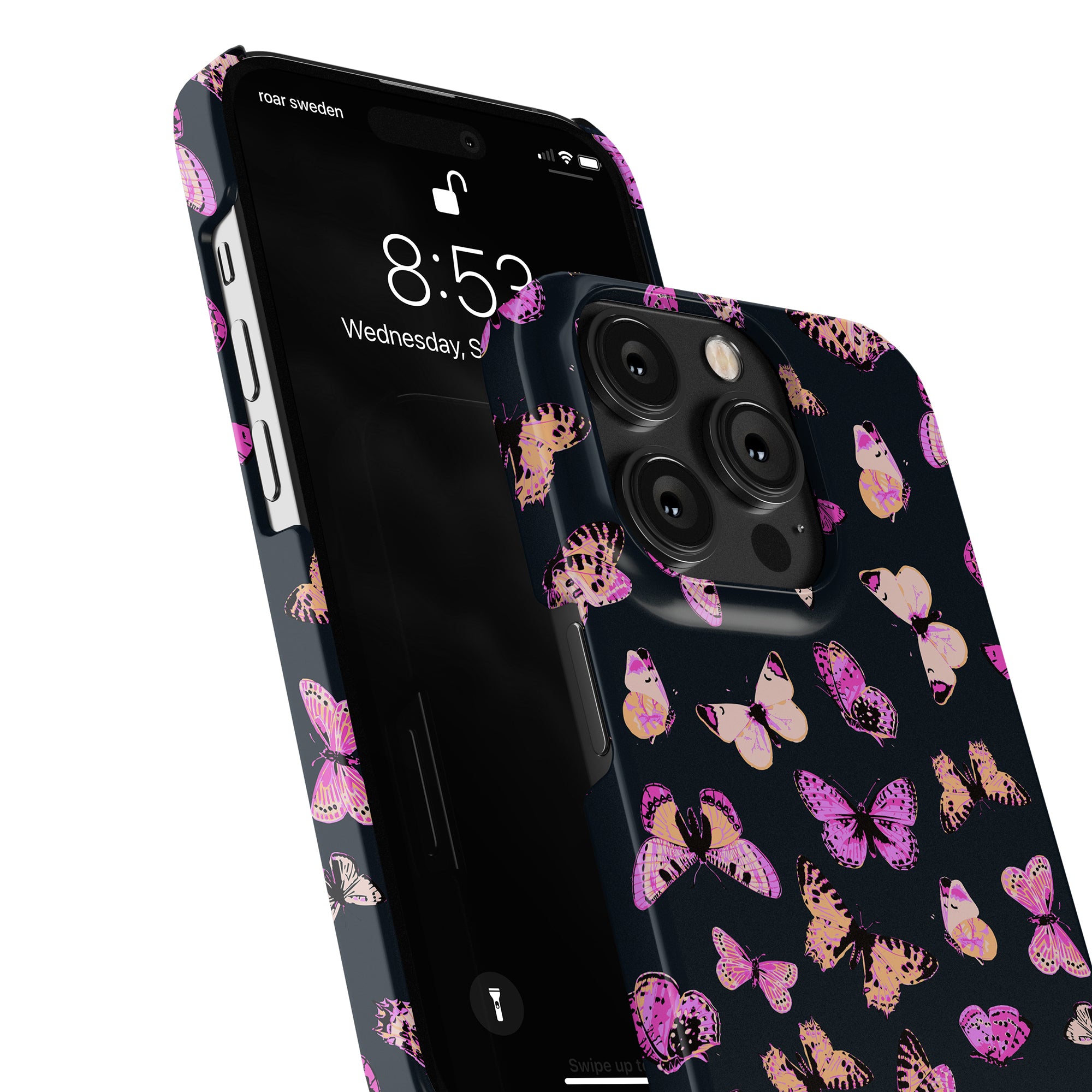 A smartphone with a Pink Butterflies - Slim case, displayed from two angles, alongside a relaxed fit, cotton shirt.