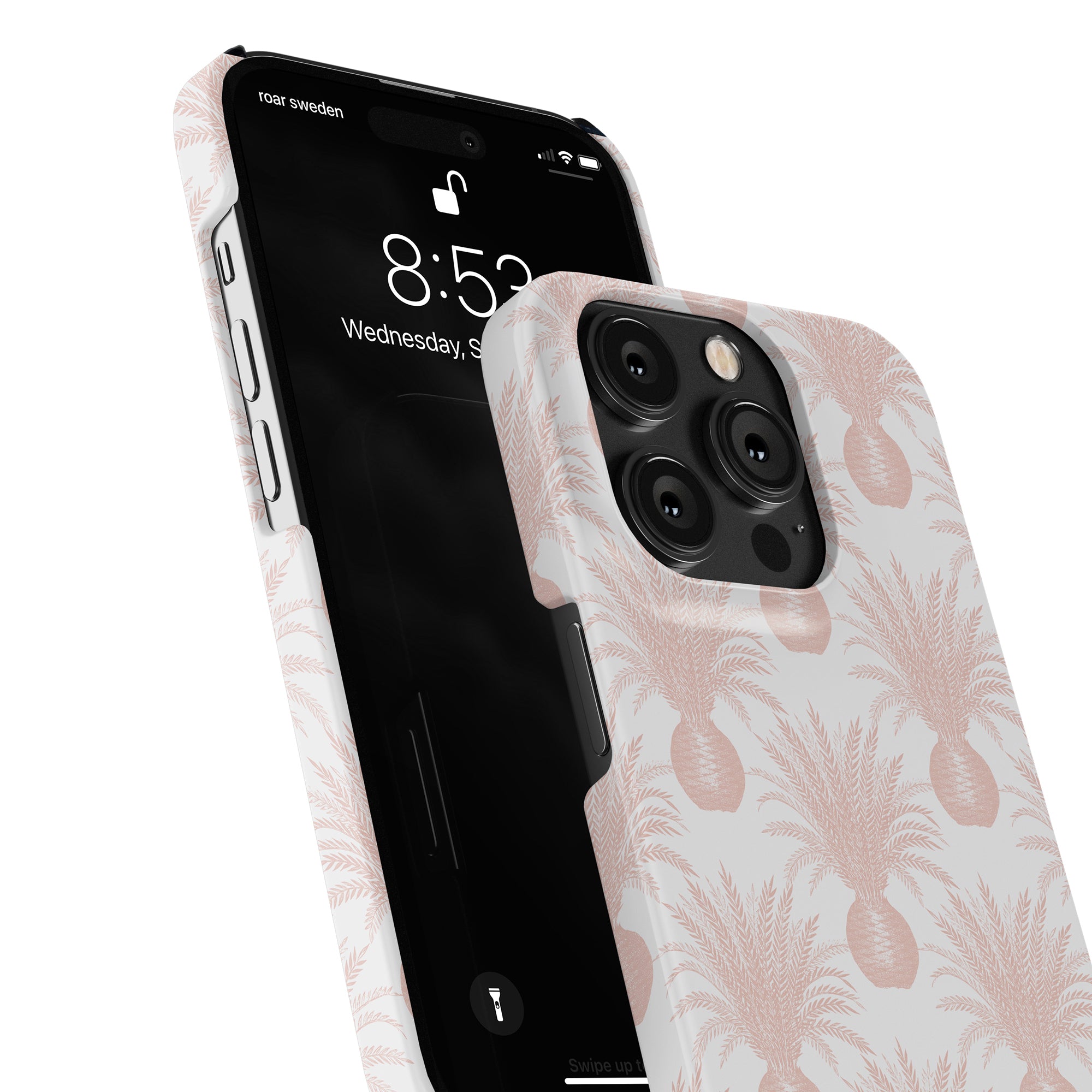 Pink Pineapple - Slim case with a triple-camera system in a waterproof protective case featuring a feather design.