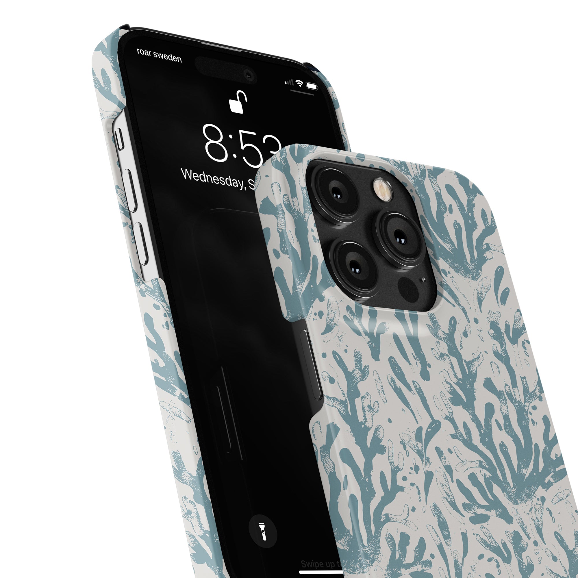 Two Sea Life - Slim cases with a blue and white pattern, one showcasing the front screen and the other the rear camera setup, alongside stylish sunglasses with UV protection.