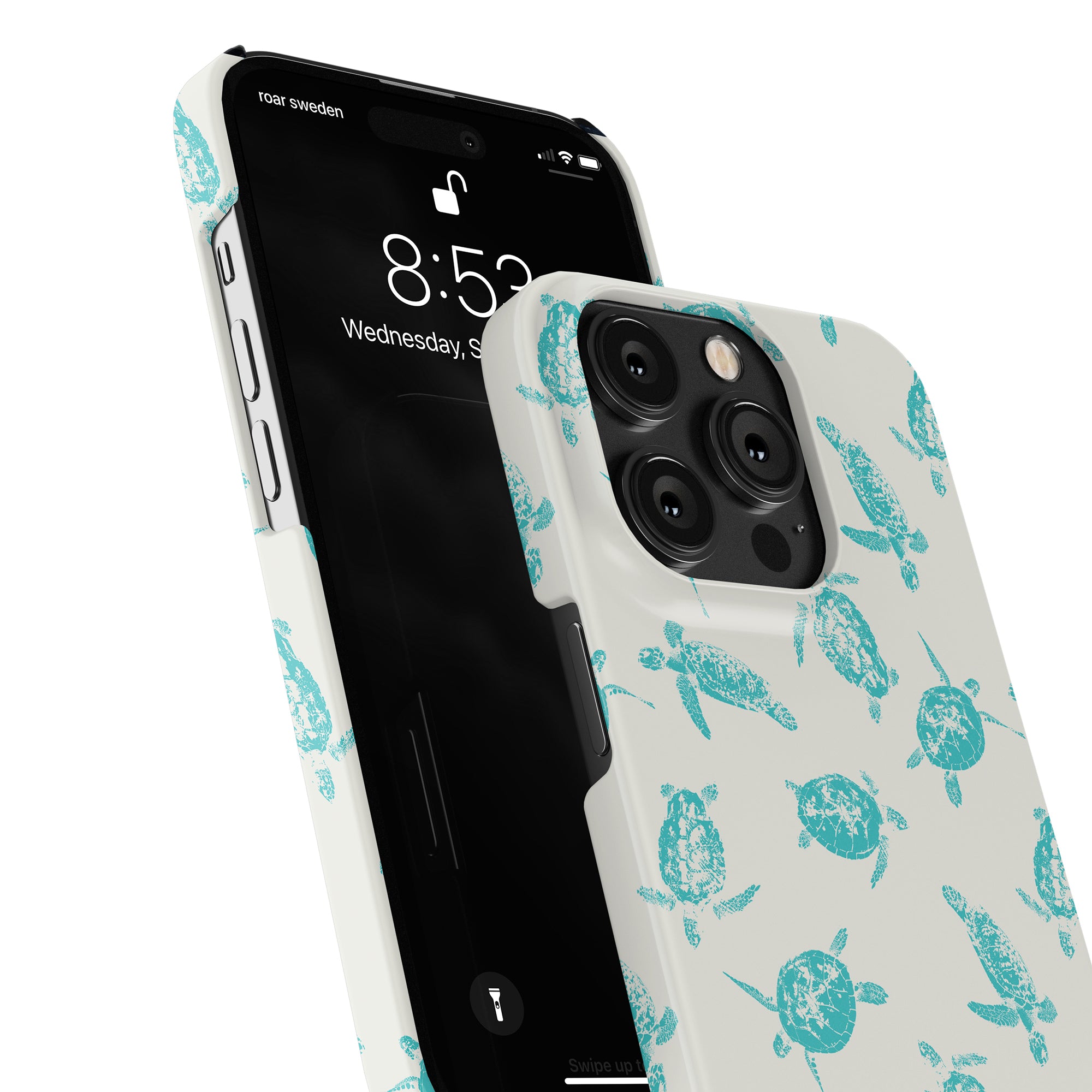 Sea Turtles - Slim casephone designed with organic skincare in mind, showing the front and back, highlighting the camera and screen.