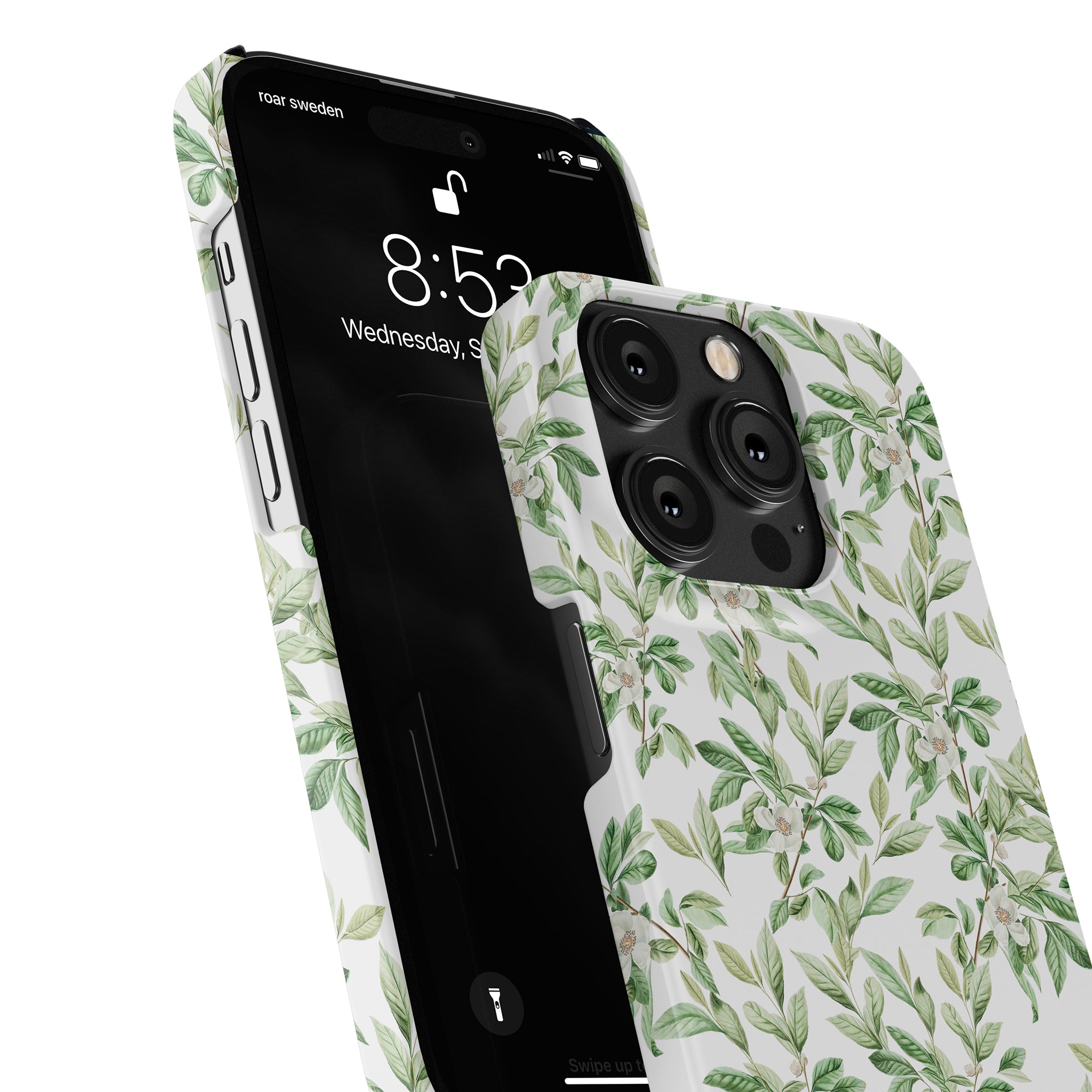 Black smartphone designed with an SEO-optimized Spring Leaves - Slim case, featuring a floral case displaying the lock screen время and a matching floral wallpaper visible through the camera cutout.