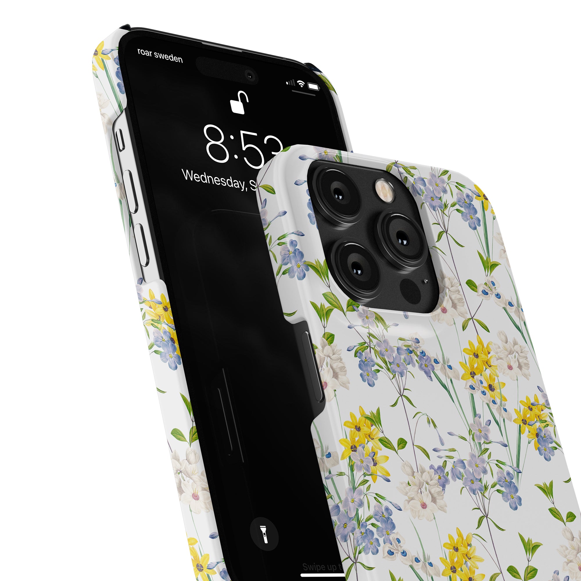 Two smartphones with a Summer Flowers - Slim case design, one facing front showing the time, the other facing back revealing the waterproof camera layout.