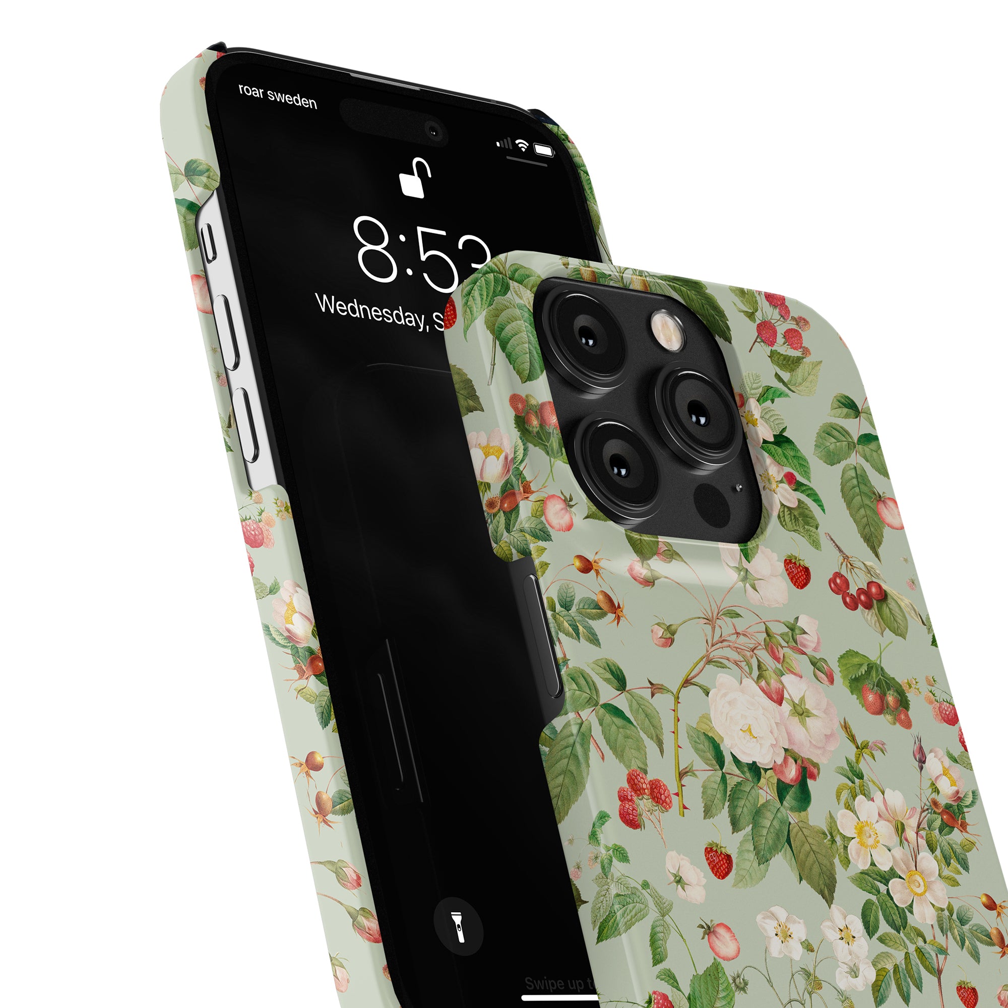Two Tasty Garden - Slim cases with a floral pattern are showcased for SEO purposes in this detailed product description. One is facing front, displaying the lock screen, and the other is turned back, revealing the camera module.