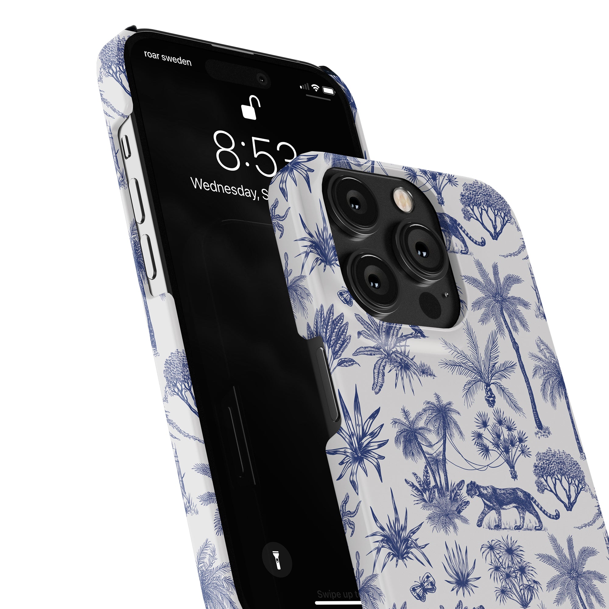 A lightweight smartphone with a Toile De Jouy - Slim case showcasing blue palm leaves and tigers, viewed from an angle that emphasizes its screen and camera module.