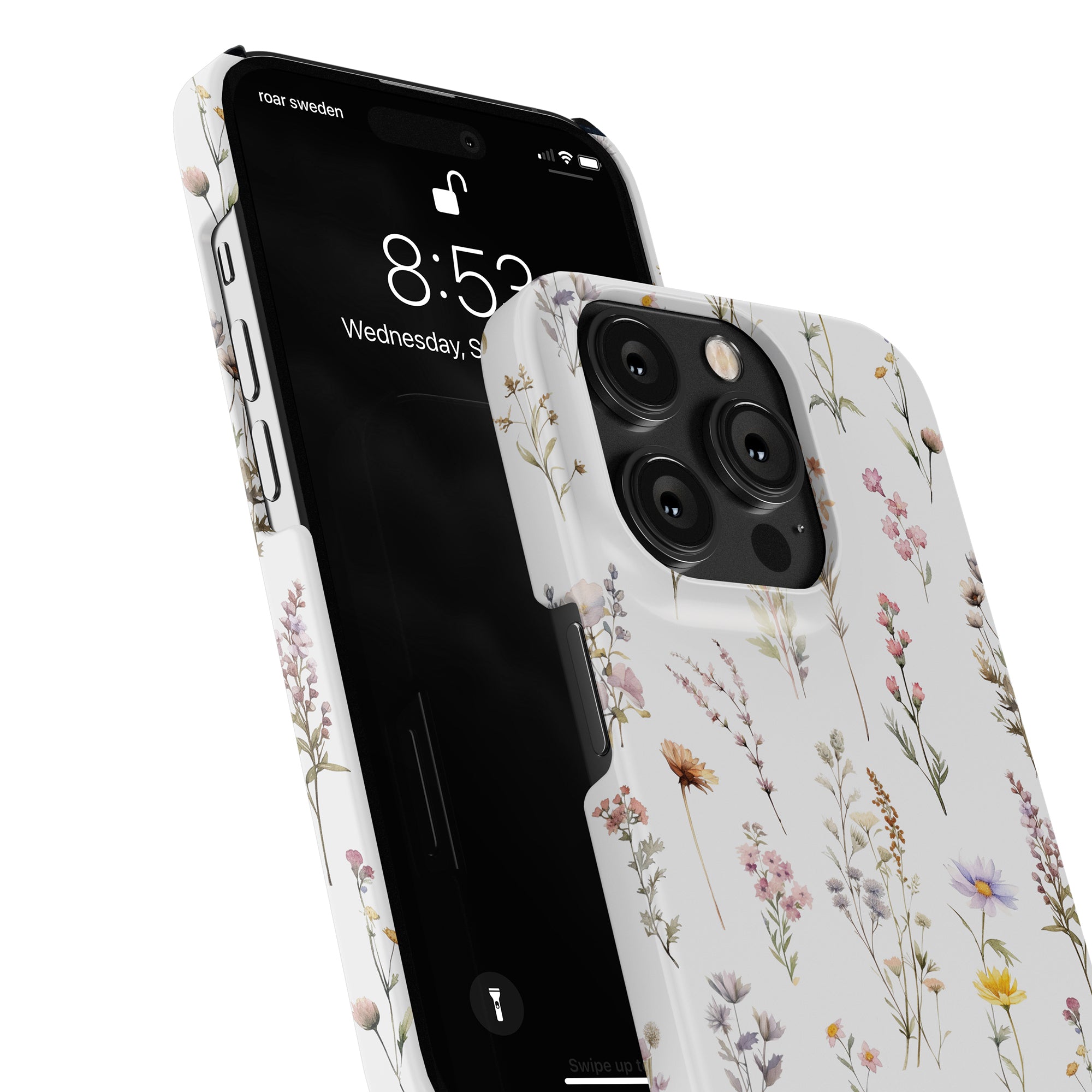 Two portable smartphones showing the front and back view, with the rear phone adorned with a Wild Flowers - Slim case.