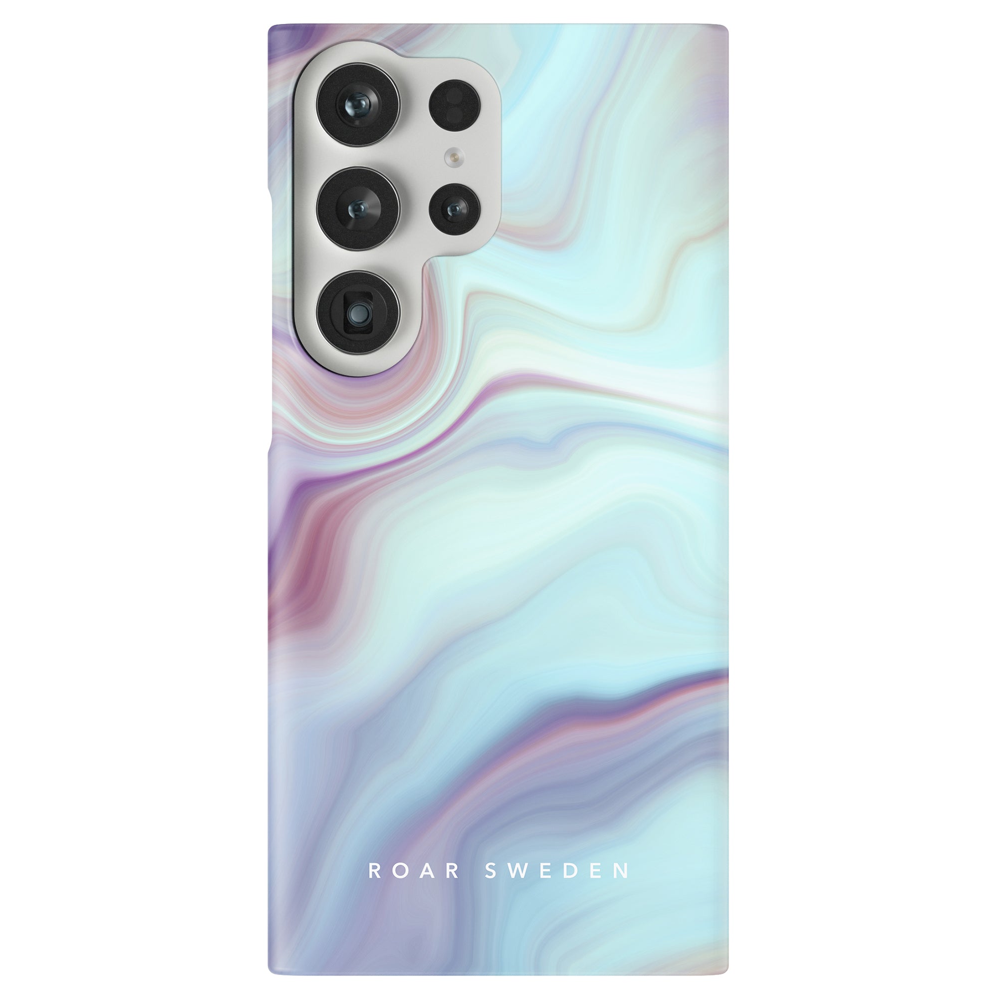 A smartphone with a multicolored, Abalone - Slim case back cover featuring four camera lenses and the text "roar sweden" at the bottom.