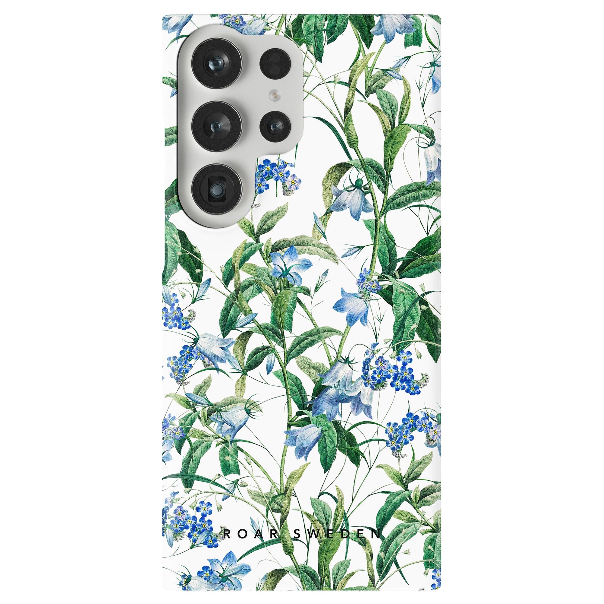 Smartphone with a Blue Bells - Slim case featuring blue flowers and natural green leaves, showcasing the camera cutout for three lenses.