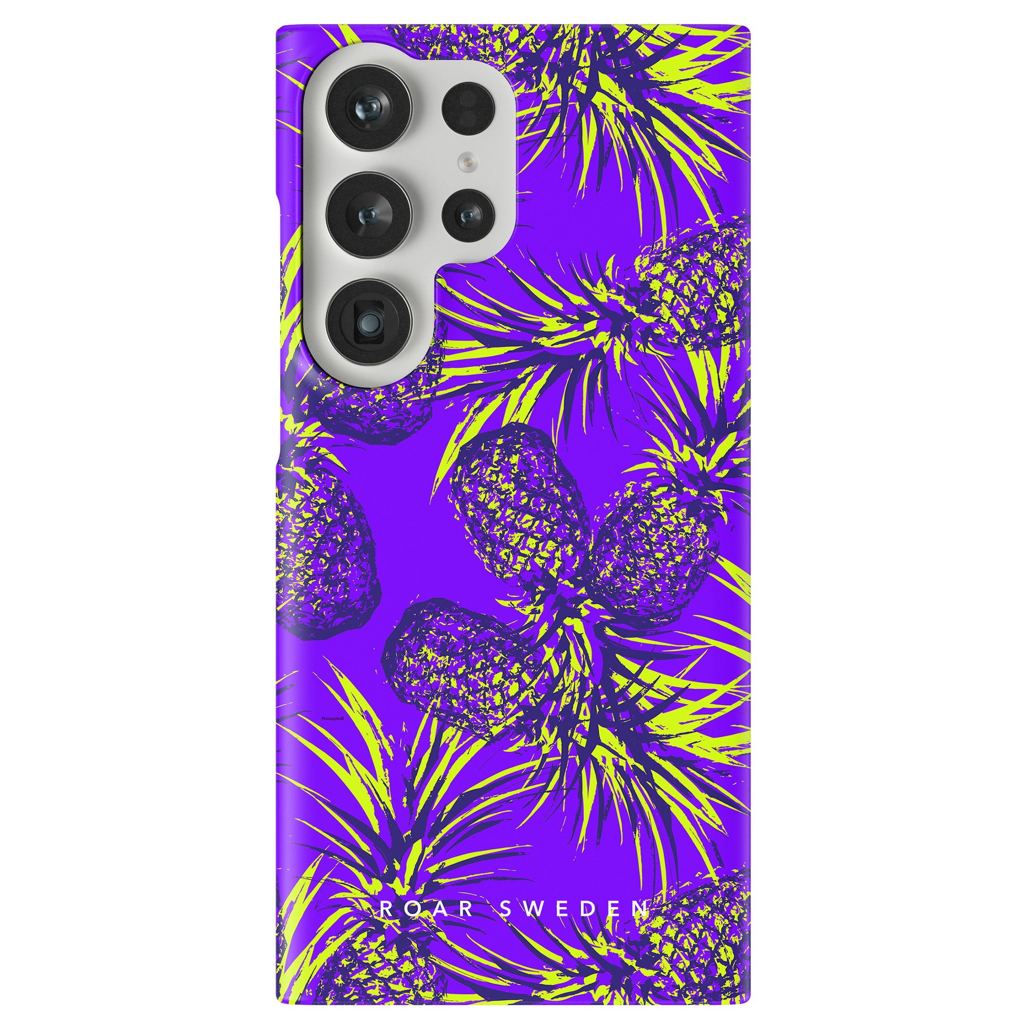 A vibrant purple Comosus smartphone case with a tropical pineapple pattern and camera cutouts, optimized for SEO.