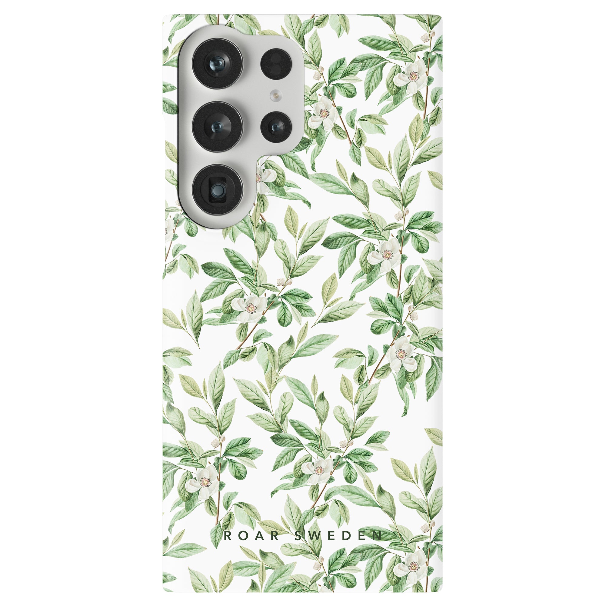 SEO-optimized product description: Spring Leaves Slim phone case with precise camera cutouts, presented on a white background.