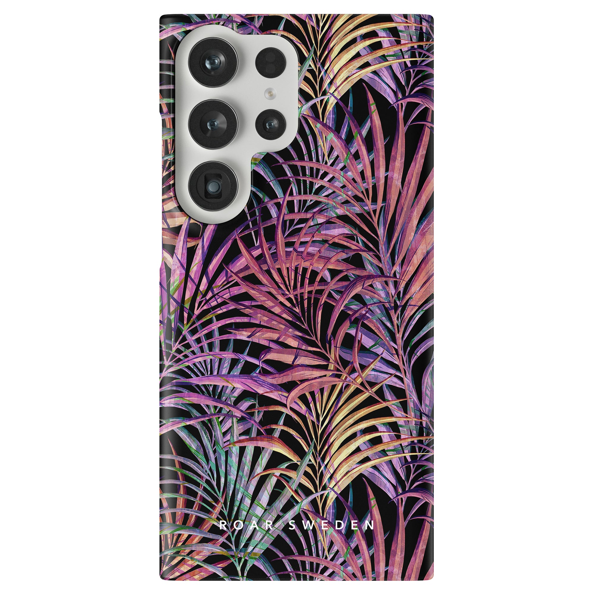 A smartphone with a Summer Palms - Slim case featuring a triple-camera setup and an organic deodorant.