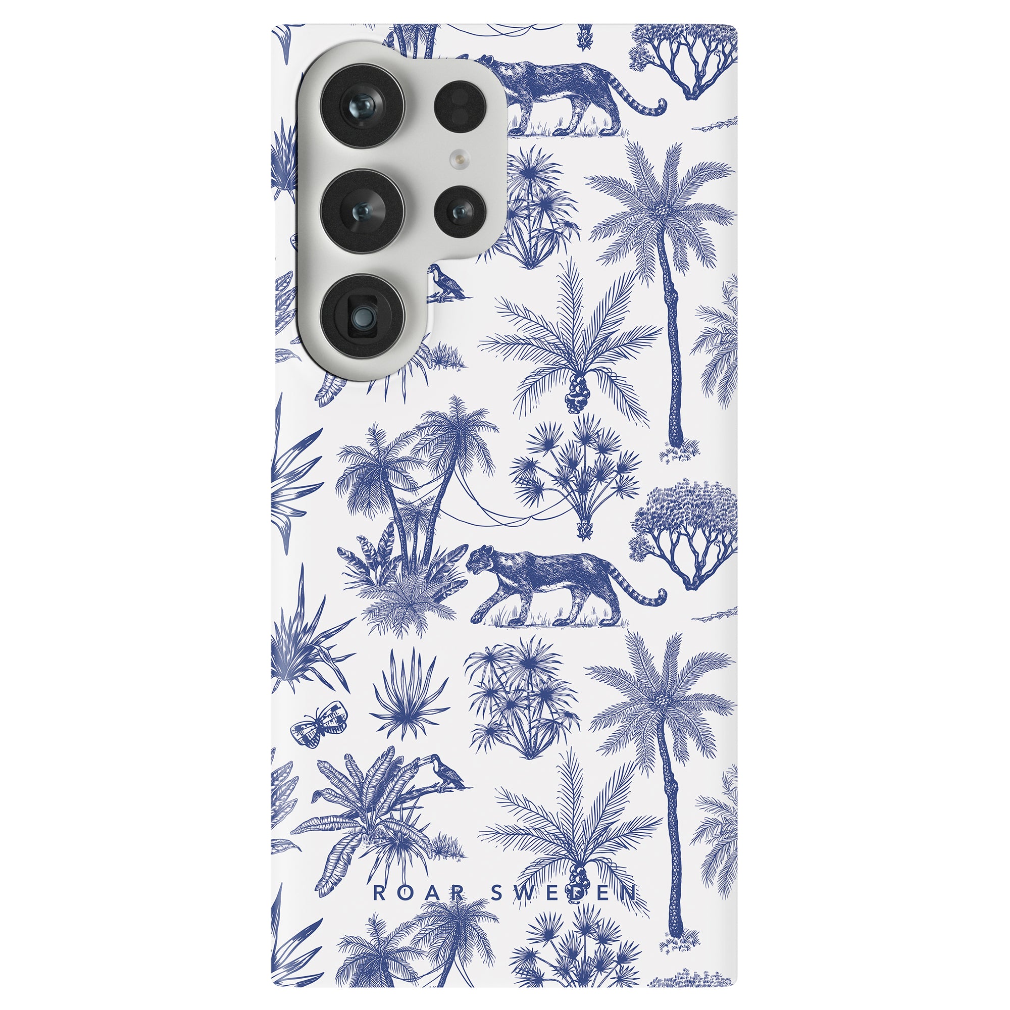 A lightweight smartphone with a Toile De Jouy slim case featuring blue illustrations of tropical trees, animals, and "roar sweet" text, incorporating the camera lenses into the artwork.