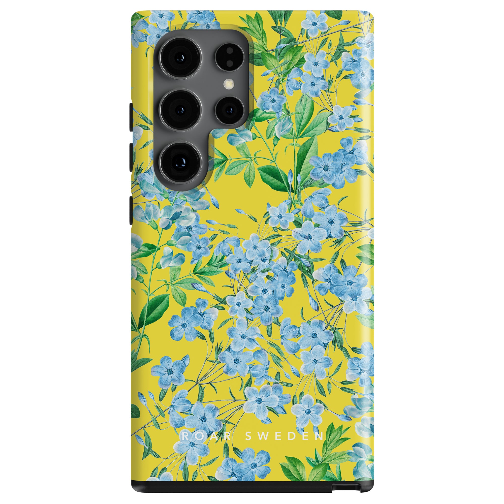 A phone case with a floral pattern featuring blue flowers on a yellow background, branded as part of the vår collection by "ideal of sweden", is a Spring Ditsy - Tough Case.