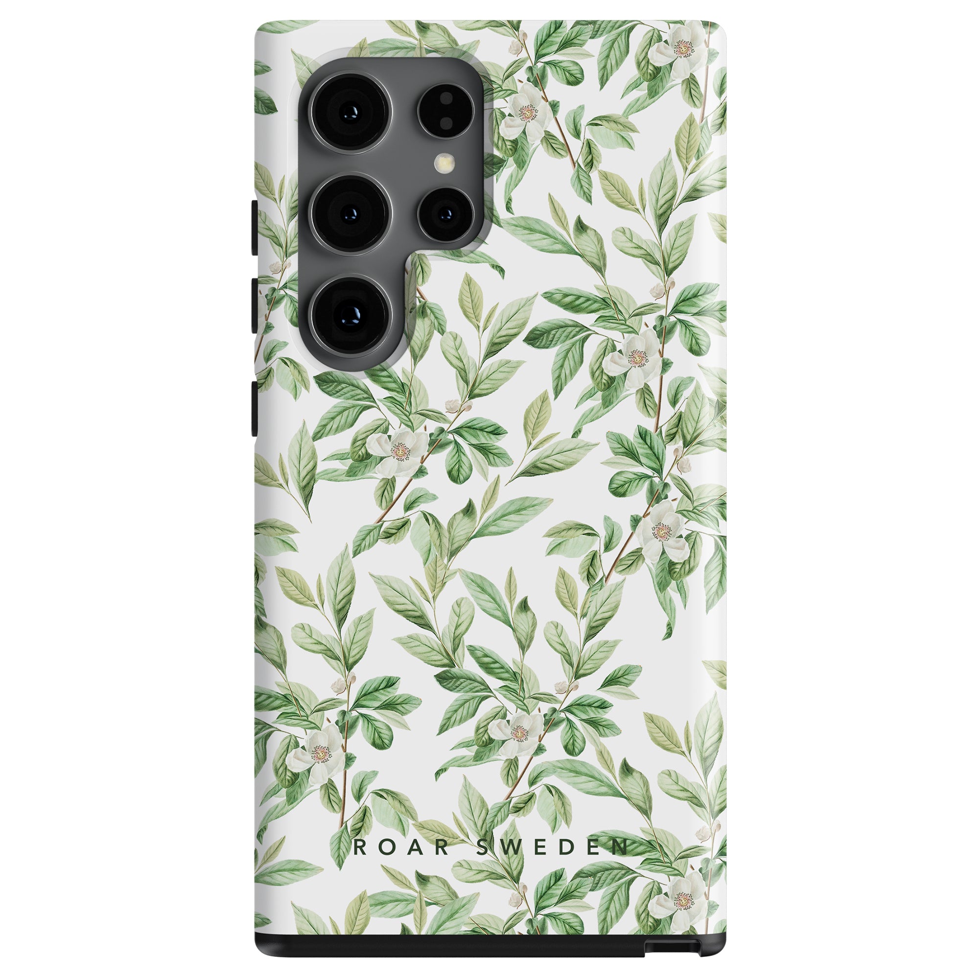 Flagship Smartphone with a Spring Leaves - Tough Case design and triple-camera setup.