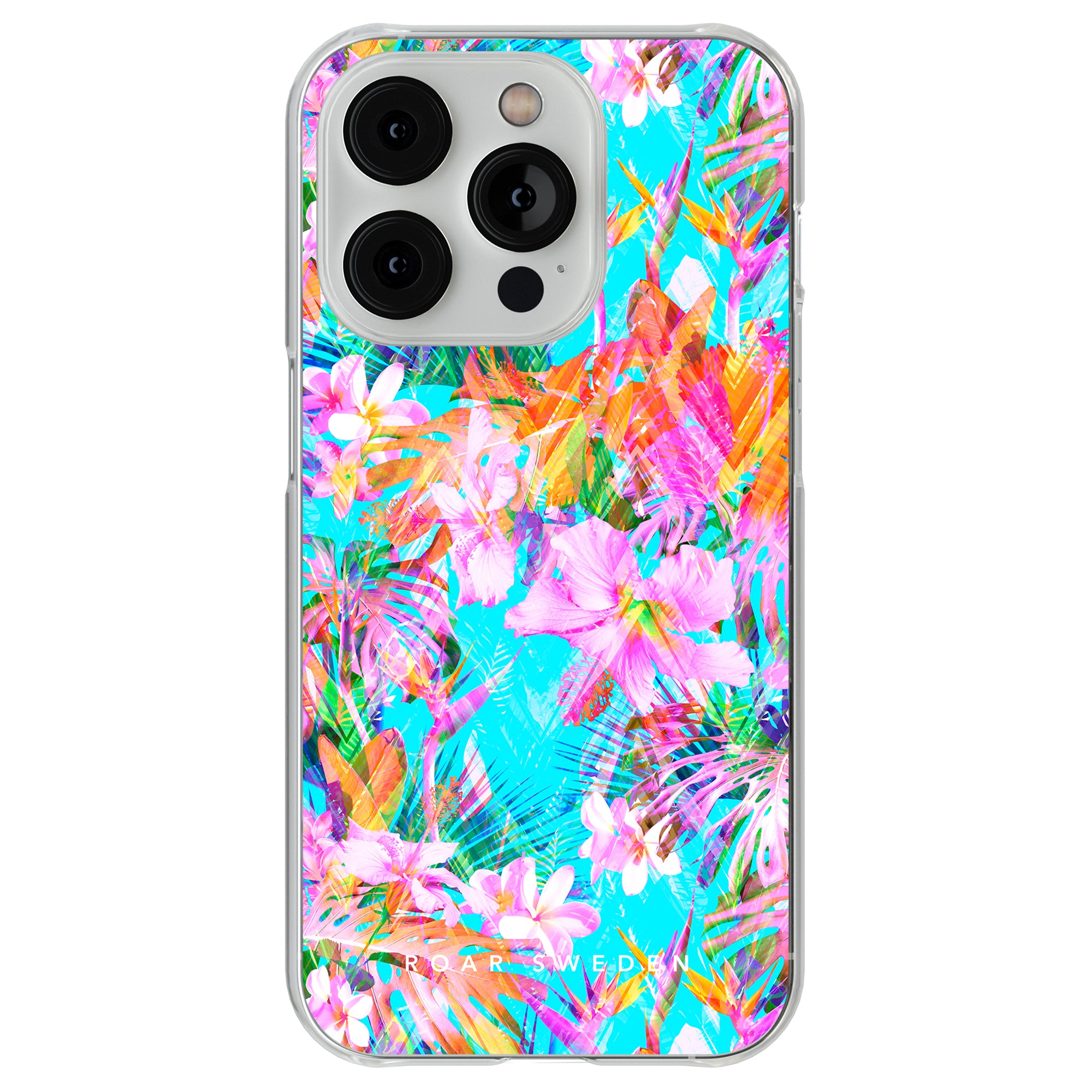 A vibrant Summer Burst - Clear Case with tropical flowers on a turkosa background.