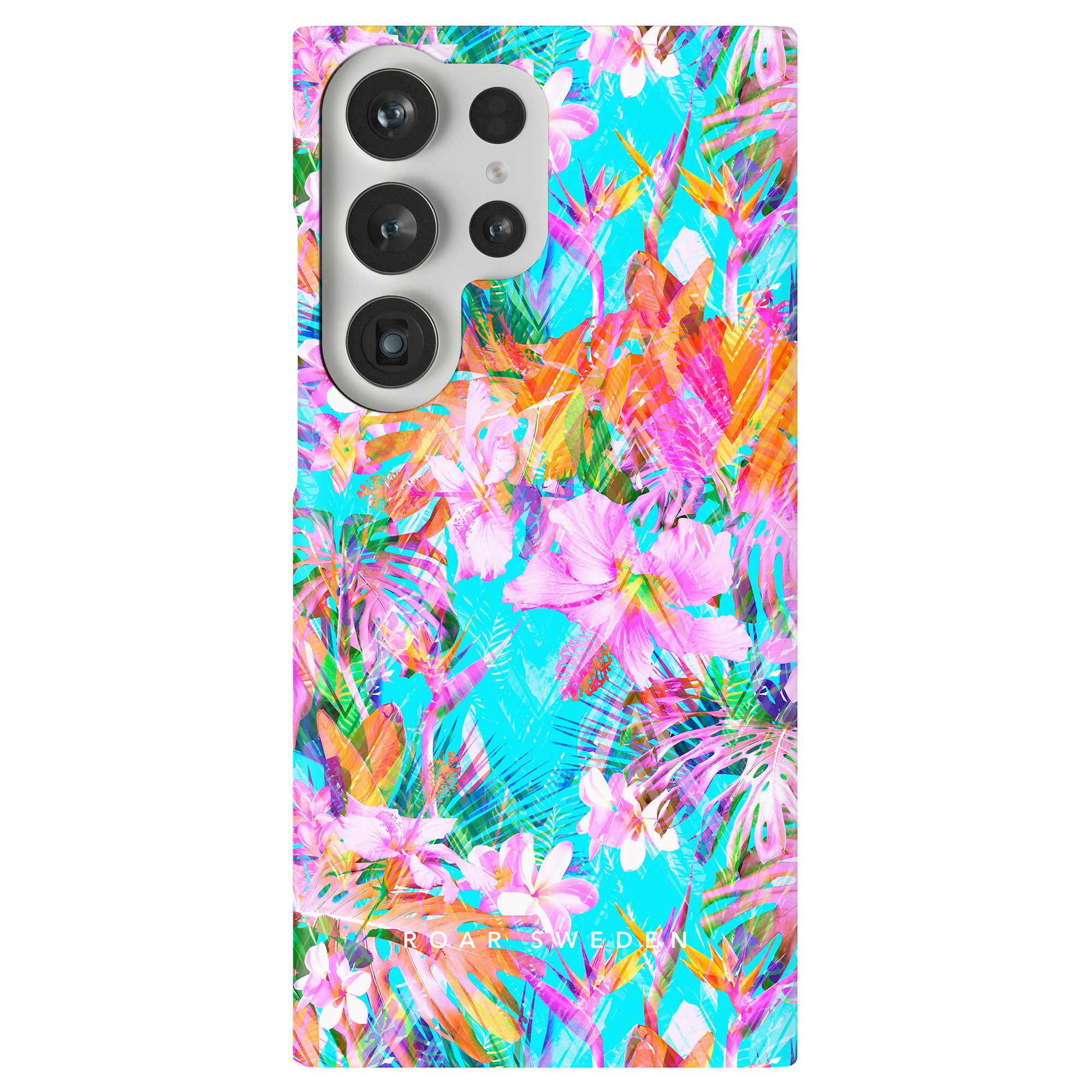 A colorful phone case with tropical flowers (Summer Burst) for added protection (skyddande egenskaper). Perfect for those looking to enhance their device's style and keep.