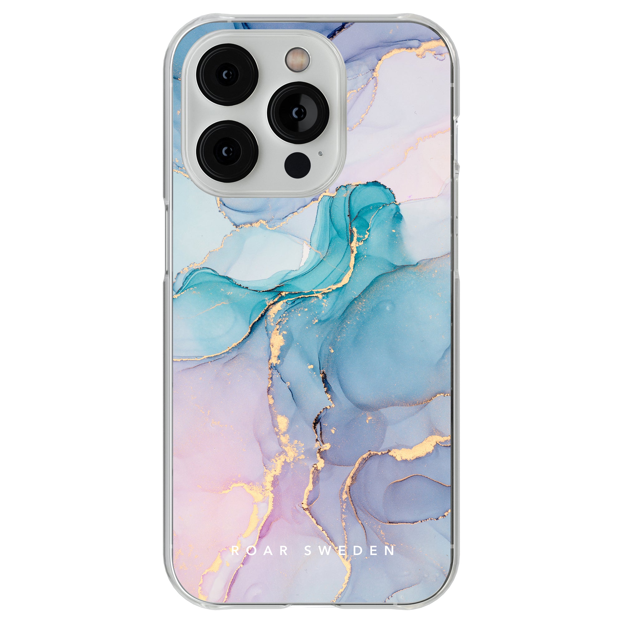 An image of a Swirl - Clear Case mobile phone case with a pink, blue and gold design.