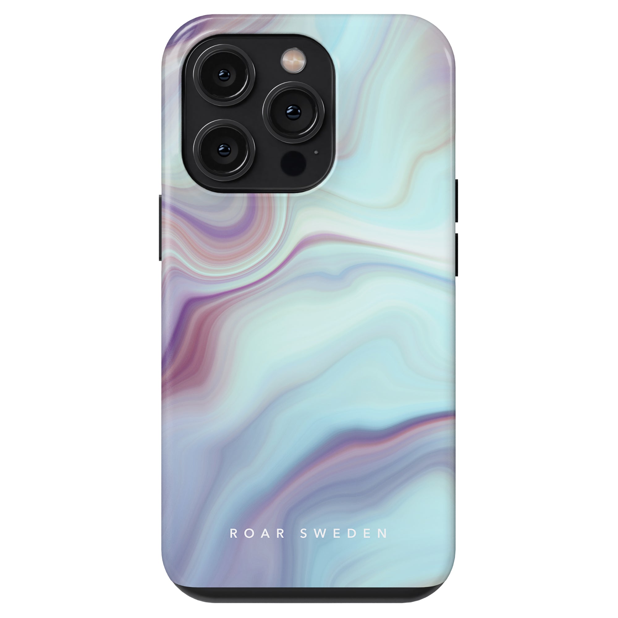 A smartphone with a pastel marble Abalone - Tough Case and three cameras, labeled "roar sweden" at the bottom.