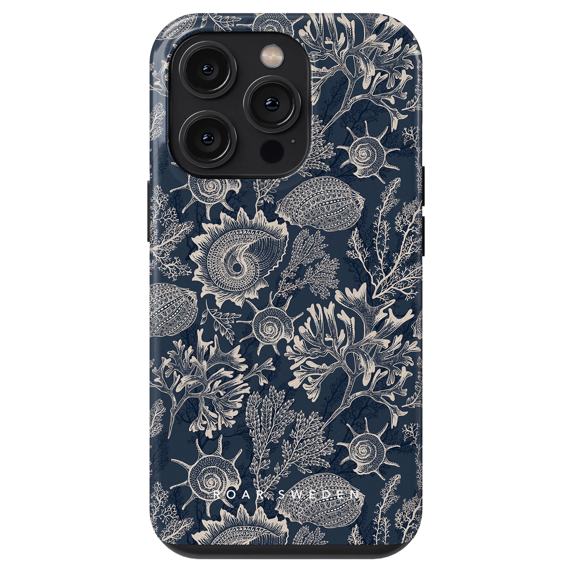 A Blue Corals - Tough Case iPhone case in dark blue and cream, featuring intricate botanical designs and cutouts for three camera lenses, branded by Ideal of Sweden as part of their Ocean Kollektion.