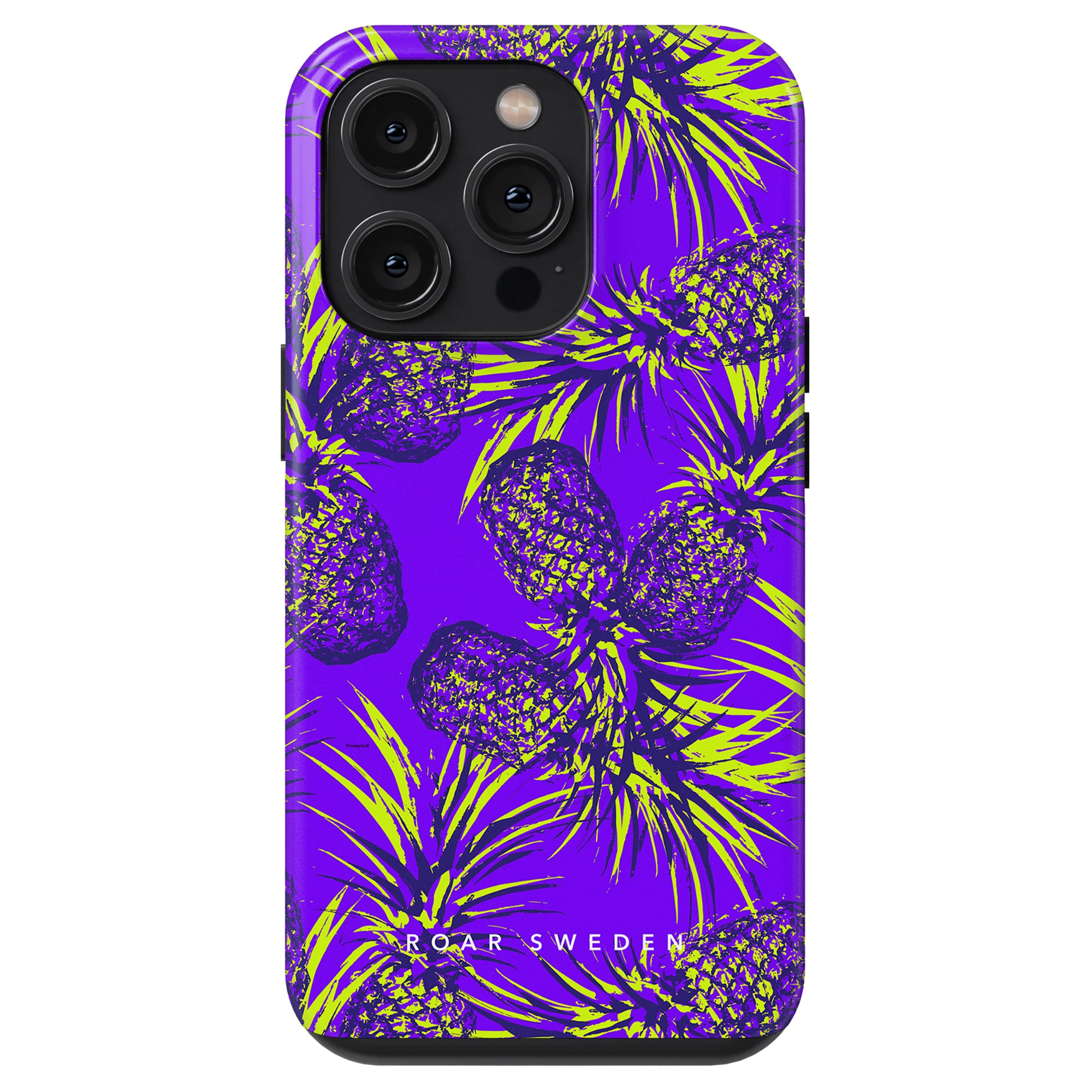 A Comosus - Tough Case with a vibrant purple and yellow ananasmönster design and a camera cutout for an iPhone model, part of the sommar collection.