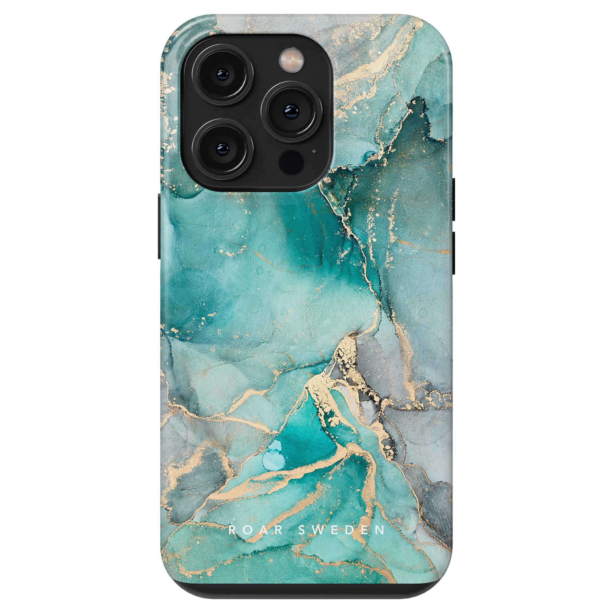 A smartphone with a Ferozah - Tough Case featuring a turquoise and gold marble design labeled "roar sweden." The phone has a triple-lens camera.