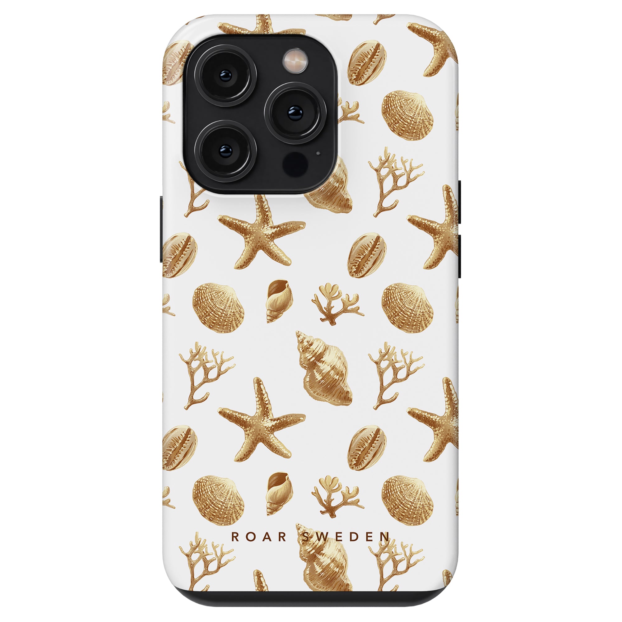 A phone case with a marine-themed pattern featuring Golden Shells, seashells, and coral on a white background from our ocean collection.