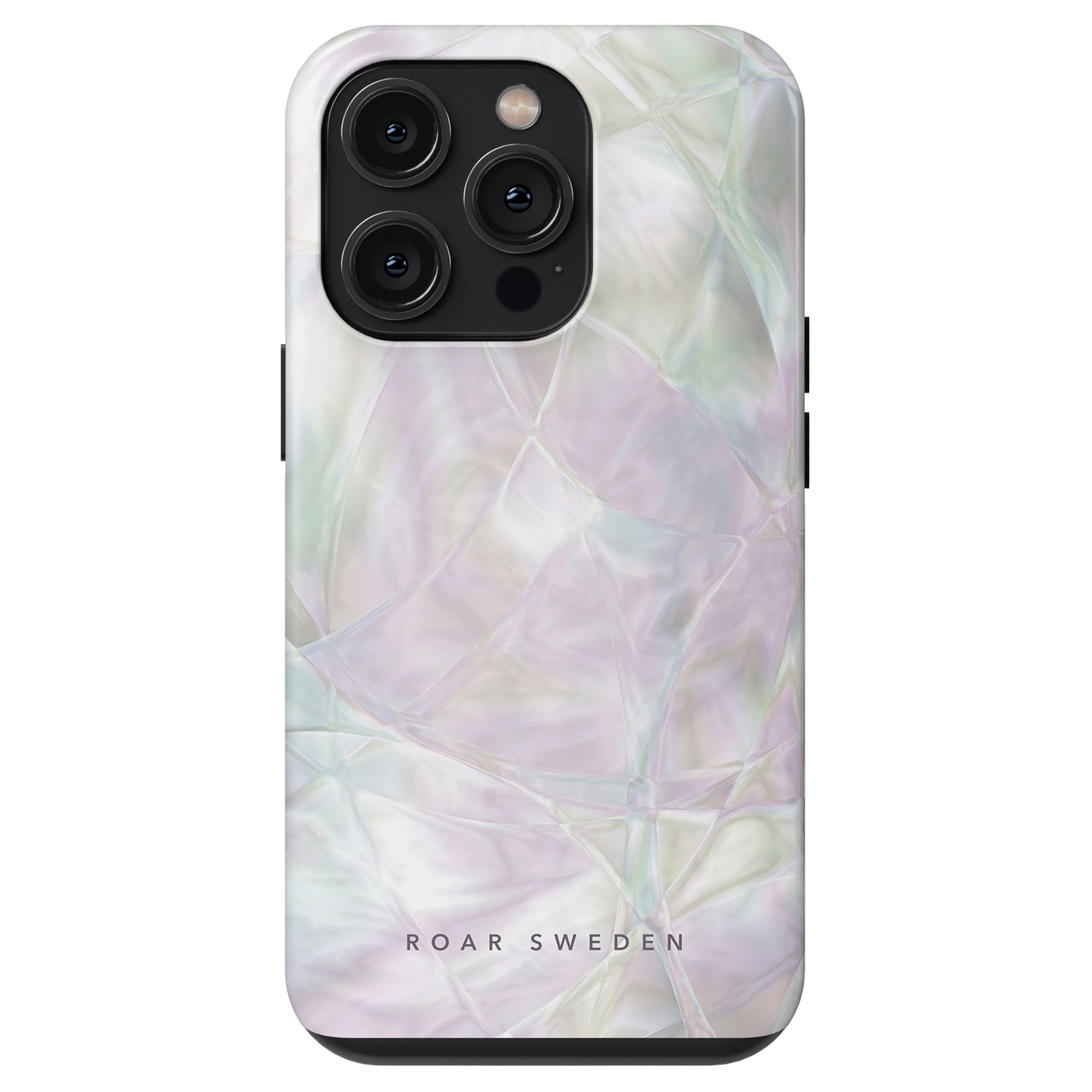 A Mauve - Tough Case from the Oyster Collection, with a shimmering, iridescent design and a label saying "roar sweden", showcasing three camera cutouts.