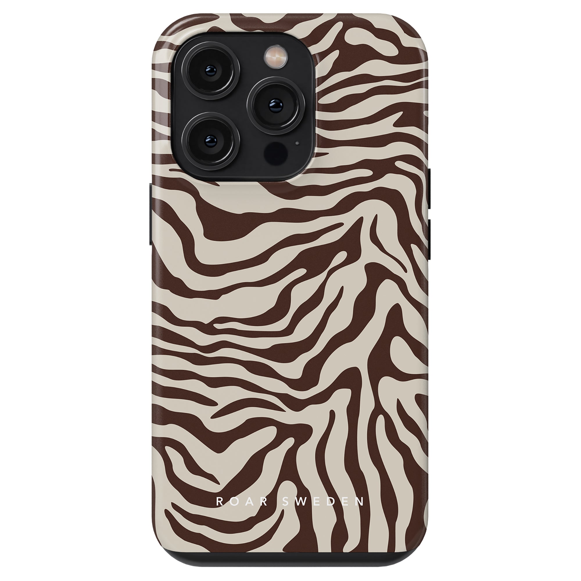 A Mocha - Tough Case featuring a brown and beige zebra stripe design from the Zebra Kollektion with a triple camera cutout, and the logo "roar sweden" at the bottom.