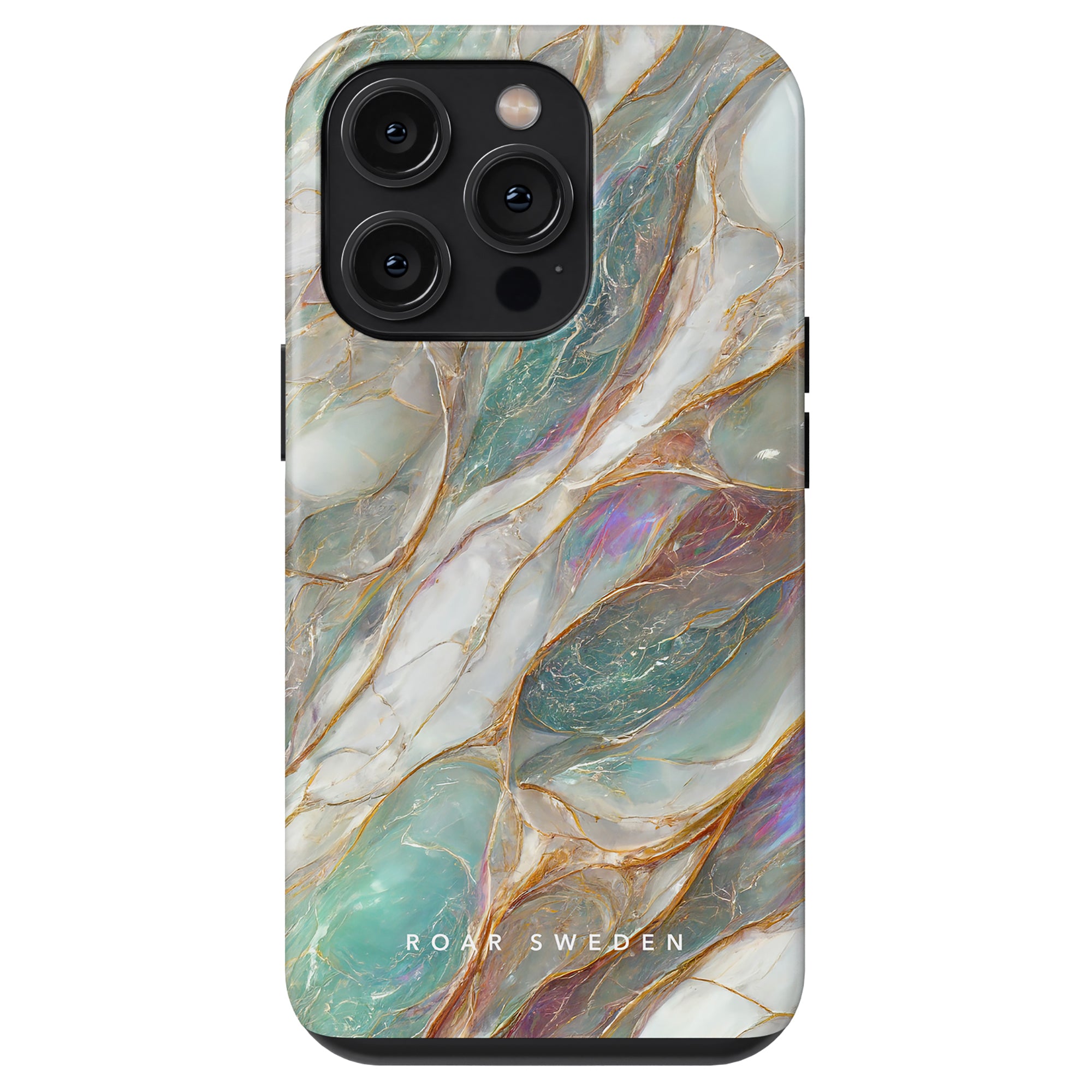 Mother of Pearl - Tough Case: A smartphone case with a Mother of Pearl design in swirling tones of white, beige, and blue, featuring a triple camera setup and the text "roar sweeden.
