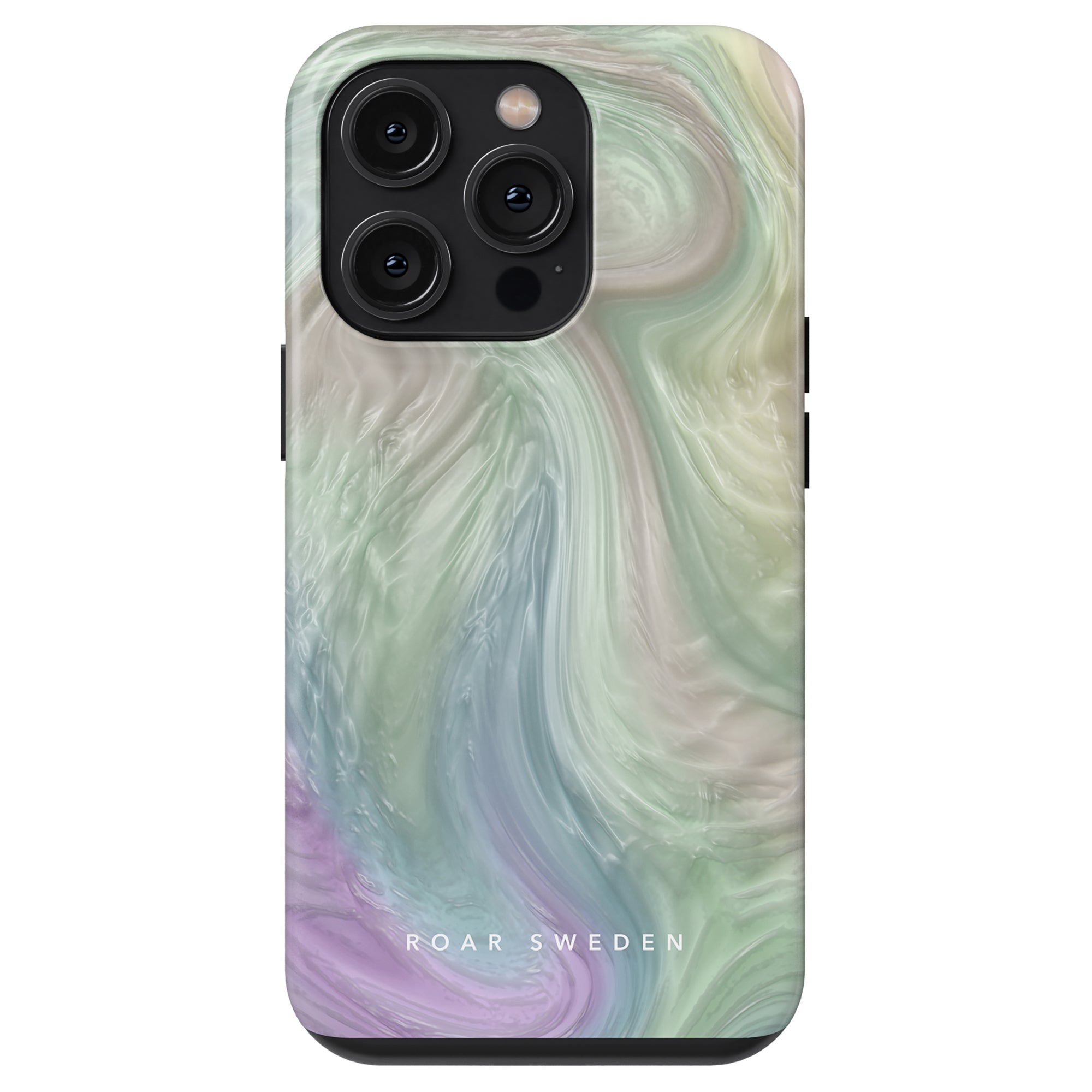 Nacre - Tough Case with a swirling pastel design and triple-lens camera cutouts from the Oyster Collection, branded "roar sweden" at the bottom.