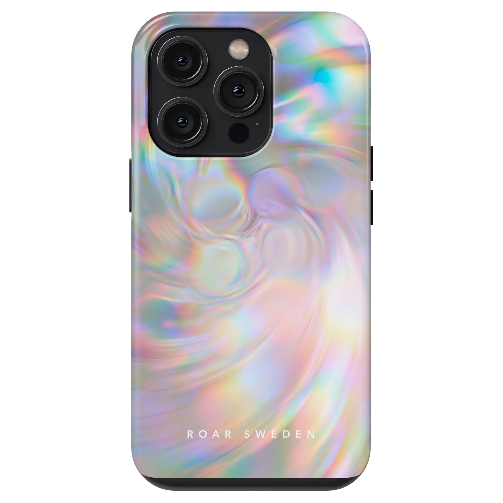 A smartphone with a swirl-patterned Pearlescent - Tough Case from roar sweden, featuring a triple-lens camera setup.