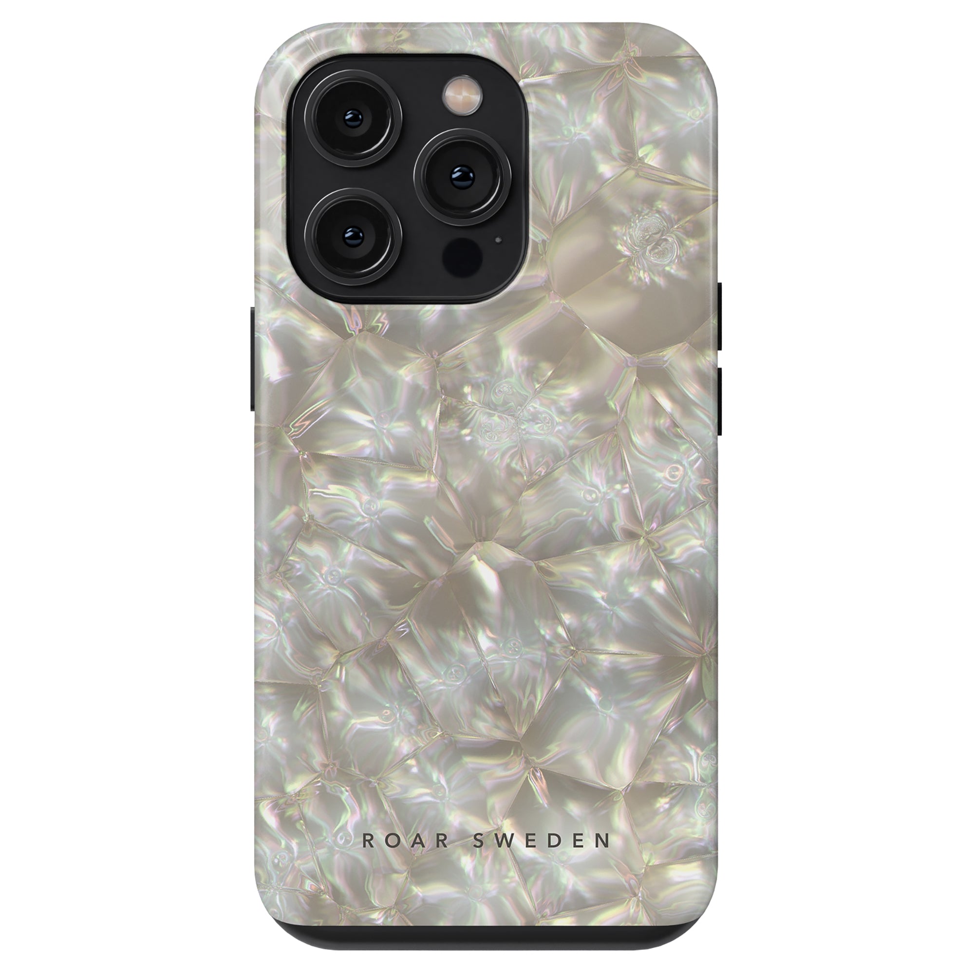 Smartphone cover from the Pearls - Tough Case Collection featuring a reflective, iridescent pattern with 'ideal of sweden' branding, designed for a model with three cameras.