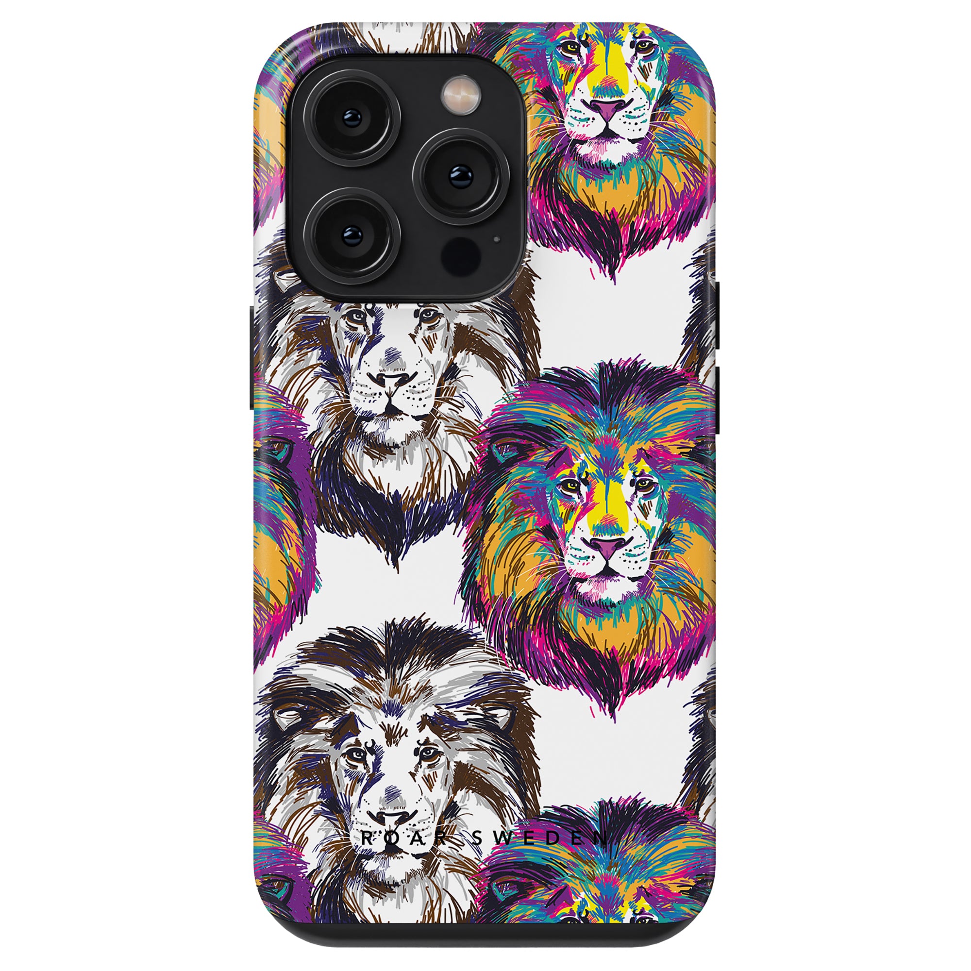 Simba - Tough Case featuring a colorful pattern of lion faces in various expressive styles, with cutouts for camera lenses.