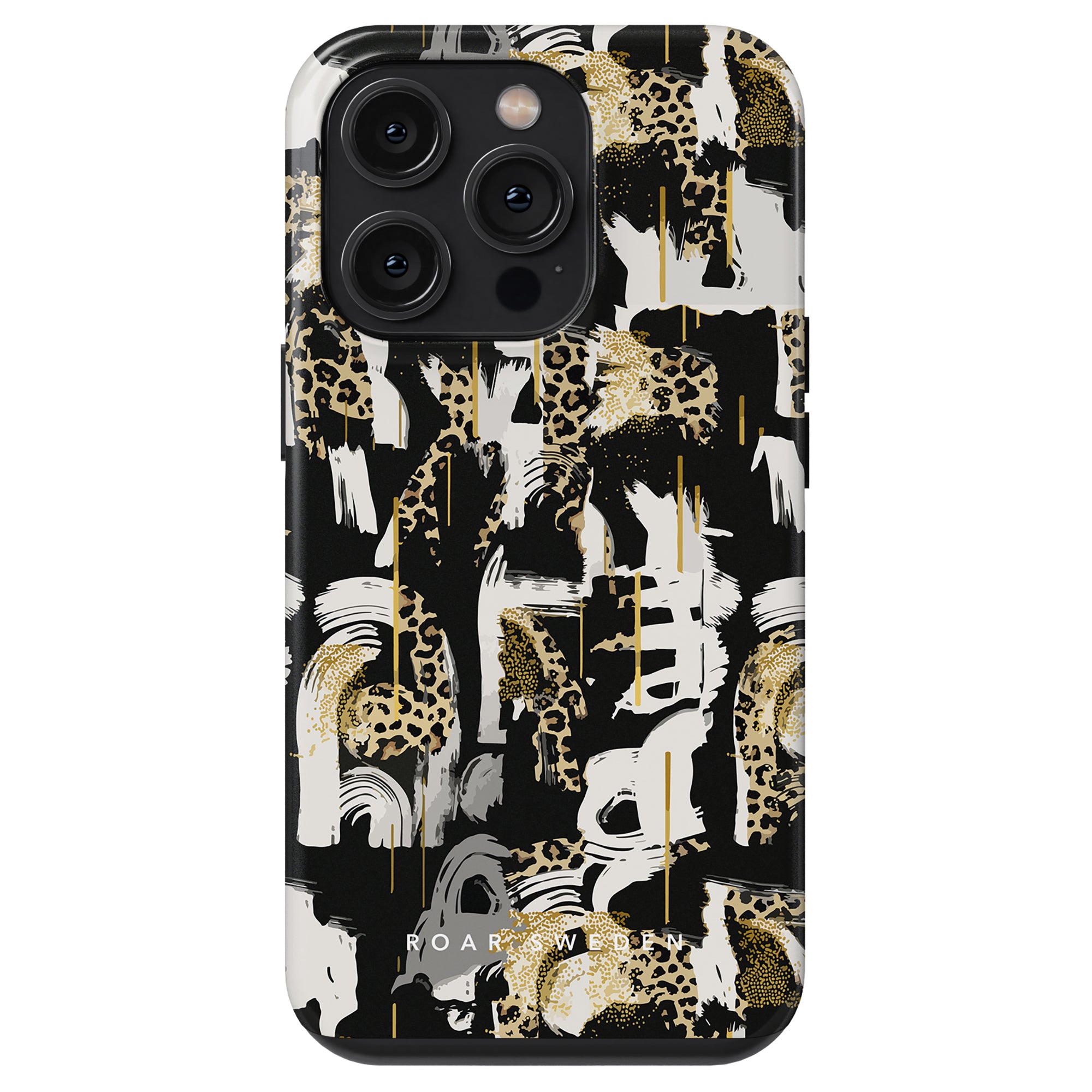 Skate Leo - Tough Case with abstract black, gold, and white pattern featuring leopard prints and paint strokes, labeled "roar wild".