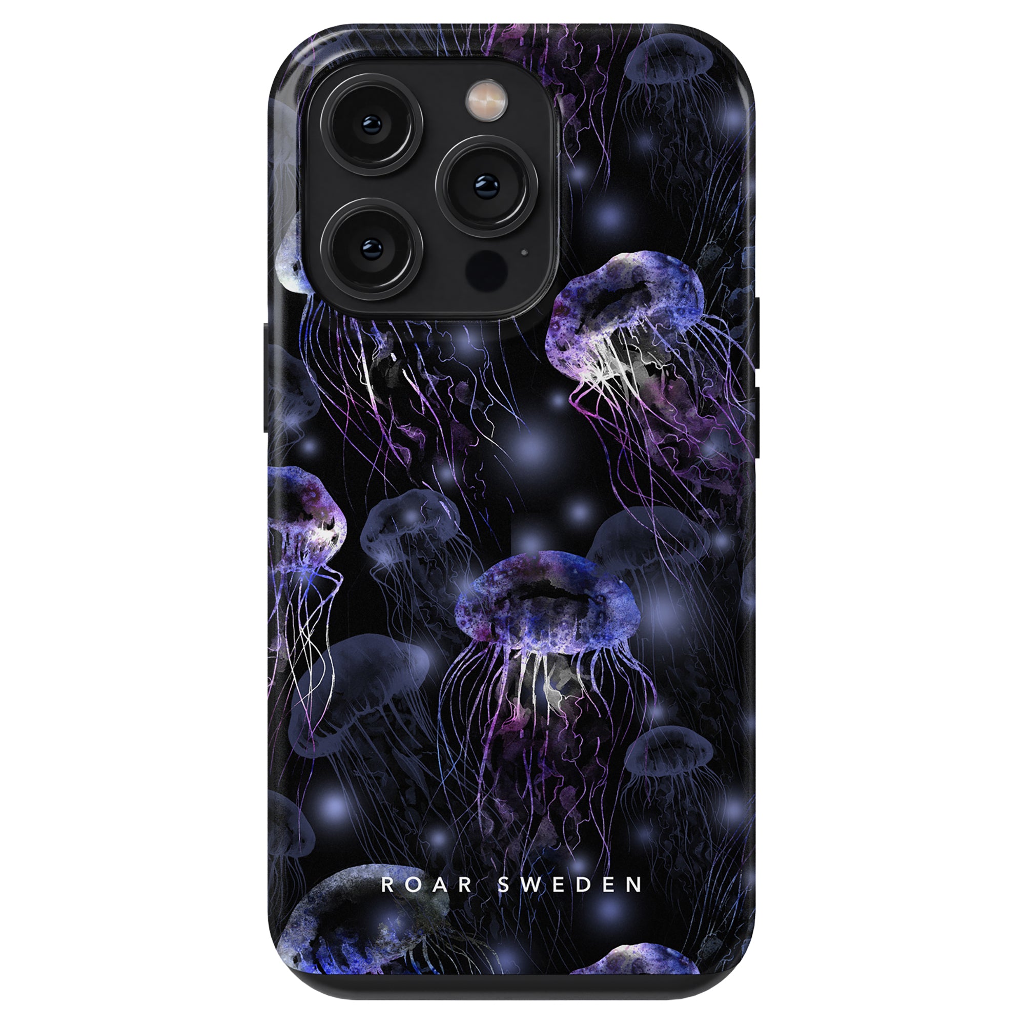 Smack - Tough Case featuring a dark, oceanic design with bioluminescent purple jellyfish and delicate tendrils amidst dark waters, including a label "roar sweden" at the bottom.