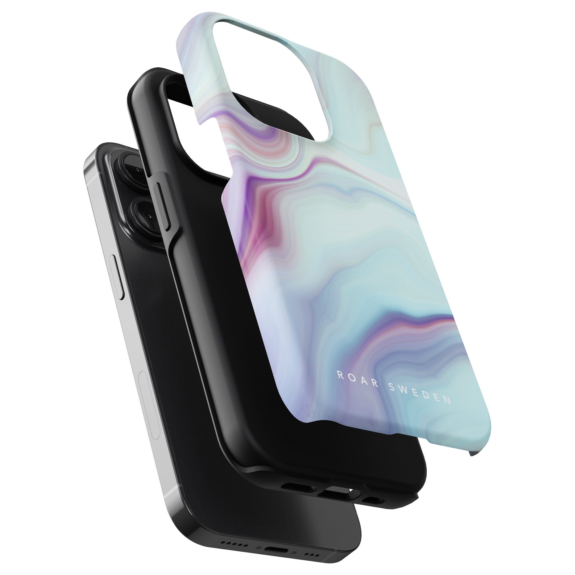 A smartphone with a black case next to an Abalone - Tough Case from the Oyster Collection with the text "roar sweden" on it.
